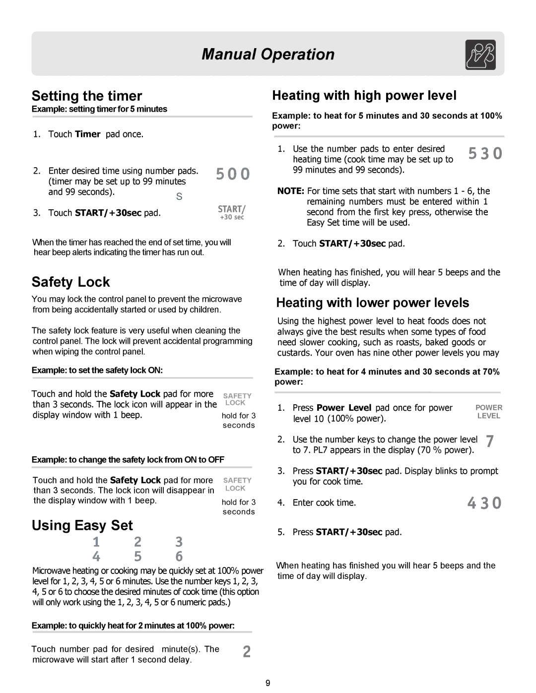 Frigidaire 316495097, FFCM1134LW, FFCM1134LB, FFCM1134LS Manual Operation, Setting the timer, Safety Lock, Using Easy Set 