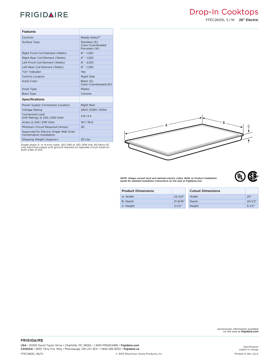 Frigidaire FFEC2605L S/W dimensions Features, Specifications, Product Dimensions Cutout Dimensions 