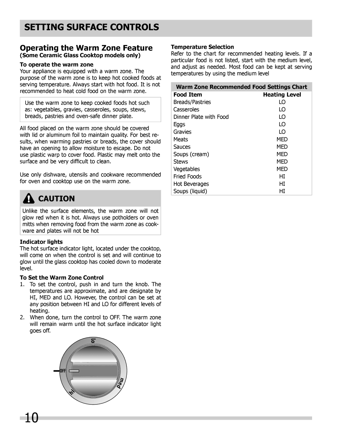 Frigidaire FFEC3605LS, FFEC3024LW manual Operating the Warm Zone Feature, Indicator lights, To Set the Warm Zone Control 