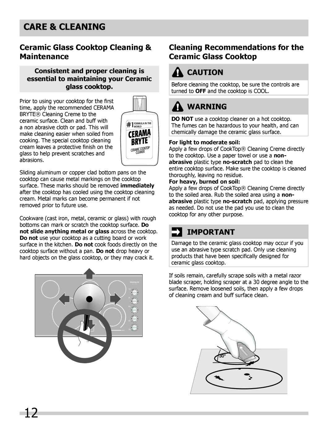 Frigidaire FFEC3625LW Ceramic Glass Cooktop Cleaning & Maintenance, Cleaning Recommendations for the Ceramic Glass Cooktop 