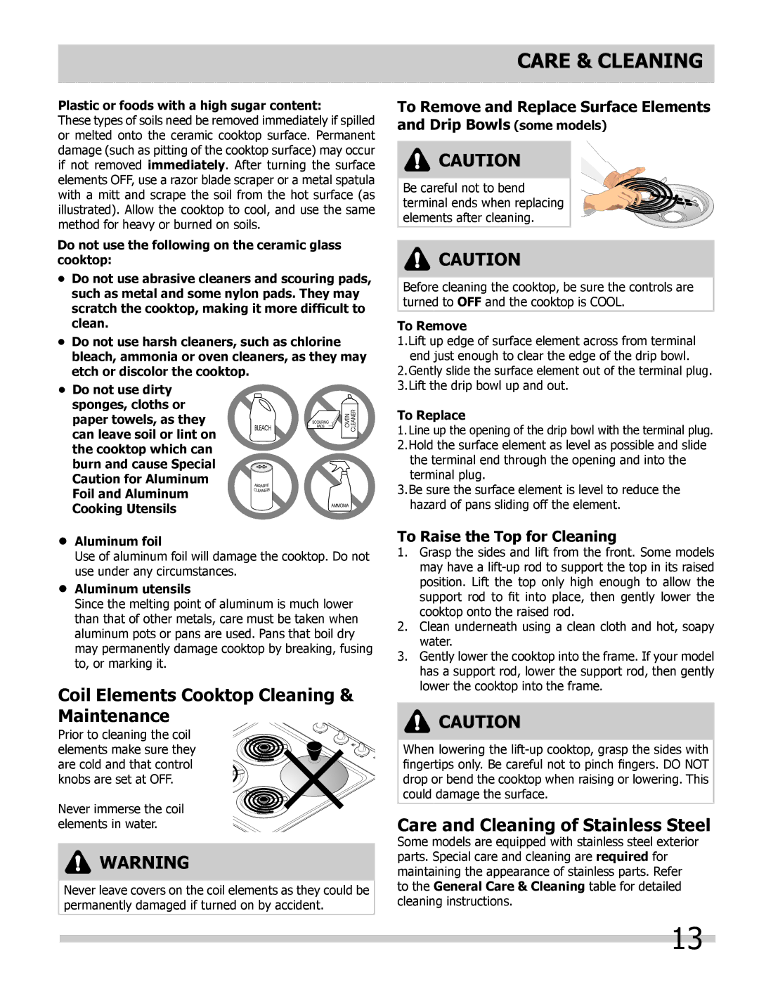 Frigidaire FFEC3025LS, FFEC3024LW manual Coil Elements Cooktop Cleaning & Maintenance, Care and Cleaning of Stainless Steel 