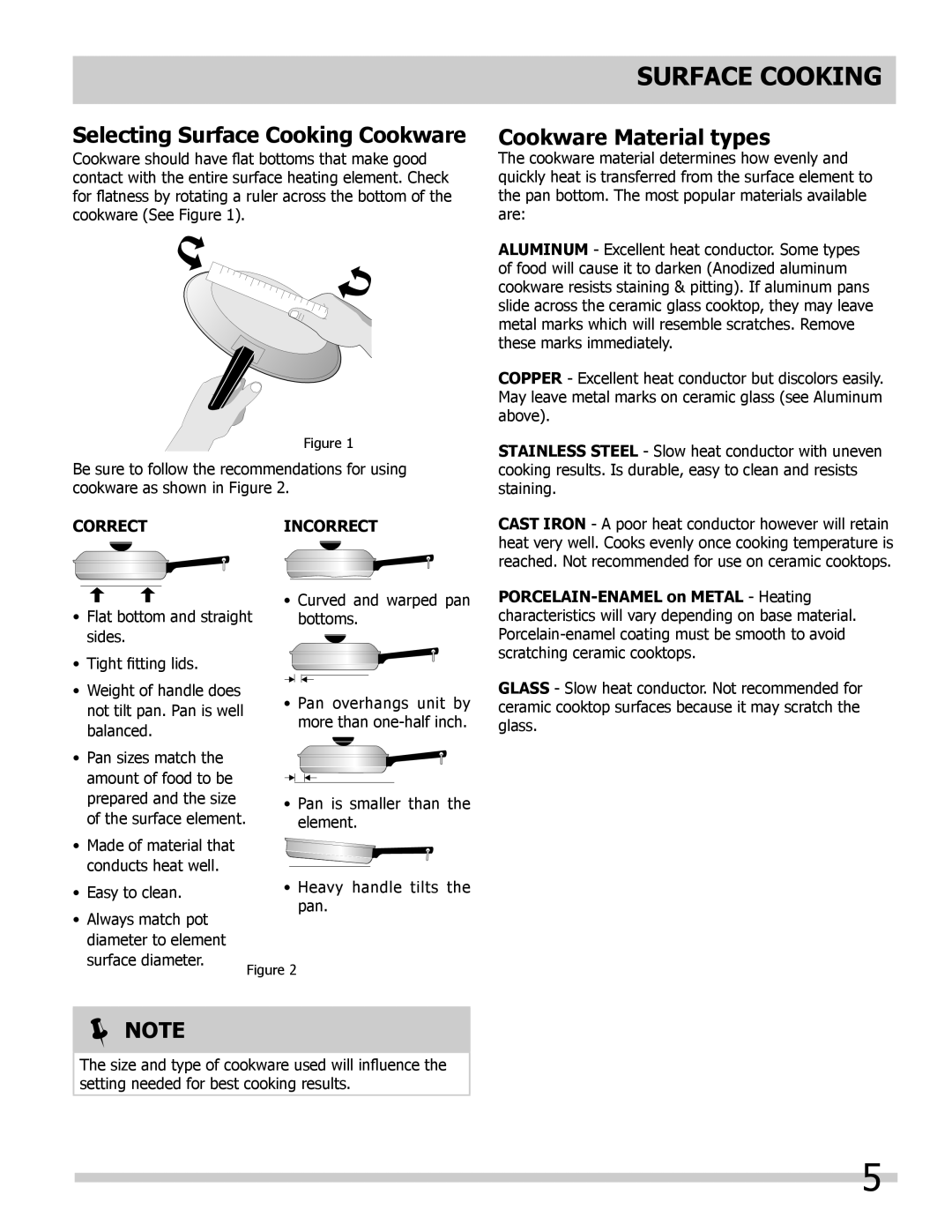 Frigidaire FFEC3005LB, FFEC3024LW, FFEC3024LB Selecting Surface Cooking Cookware, Cookware Material types, Correctincorrect 