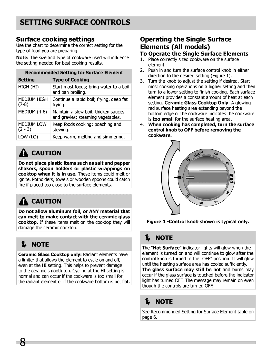 Frigidaire FFEC3605LW Setting surface controls, Surface cooking settings, Operating the Single Surface Elements All models 