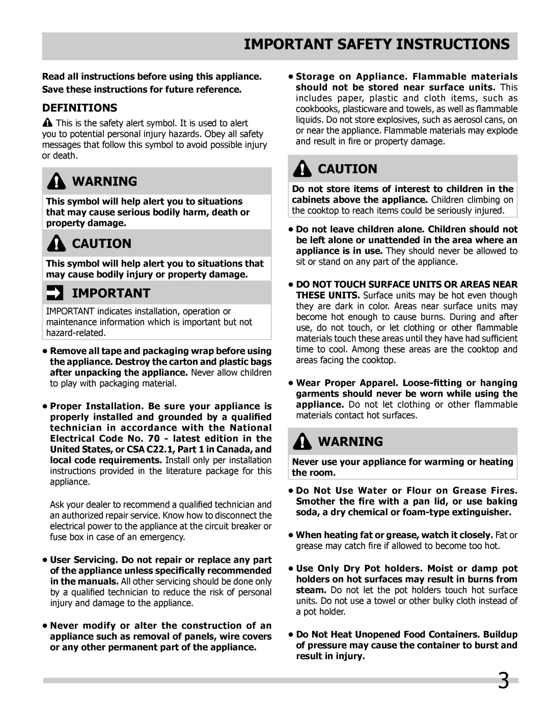Frigidaire FFEC3005LW, FFEC3024LW, FFEC3024LB, FFEC3025LB, FFEC2605LW, FFEC3005LB Important Safety Instructions, Definitions 