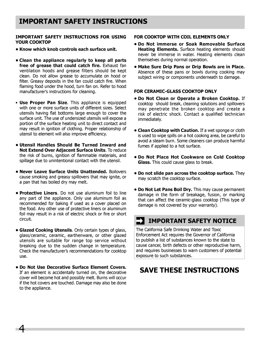 Frigidaire FFEC2605LW, FFEC3024LW manual Save these instructions, Important Safety Notice, Important Safety Instructions 
