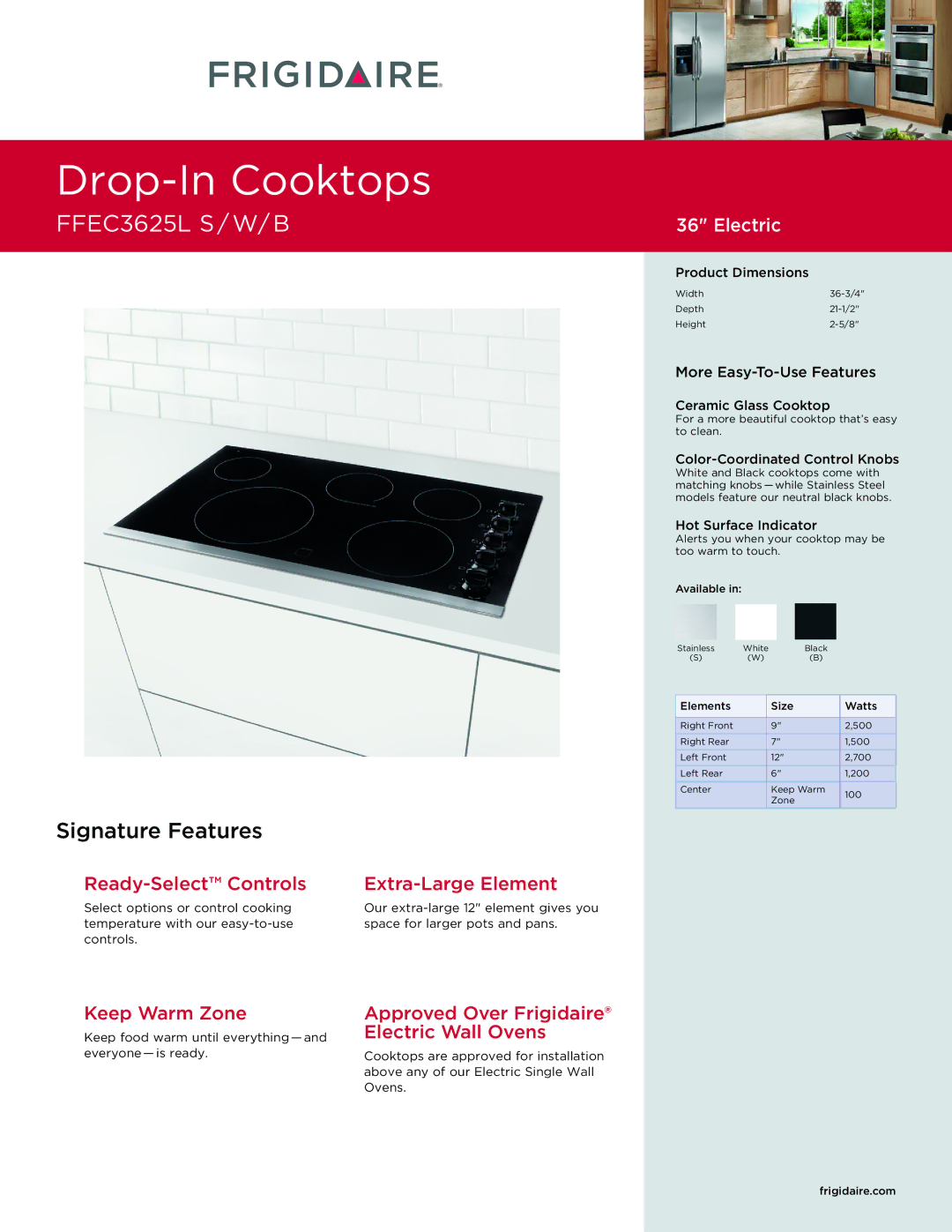 Frigidaire FFEC3625L dimensions Product Dimensions, Ceramic Glass Cooktop, Color-Coordinated Control Knobs 