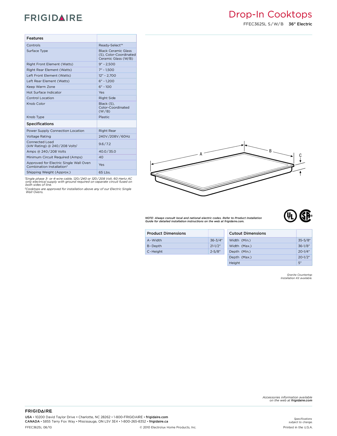 Frigidaire FFEC3625L dimensions Features, Specifications, Product Dimensions, Cutout Dimensions 