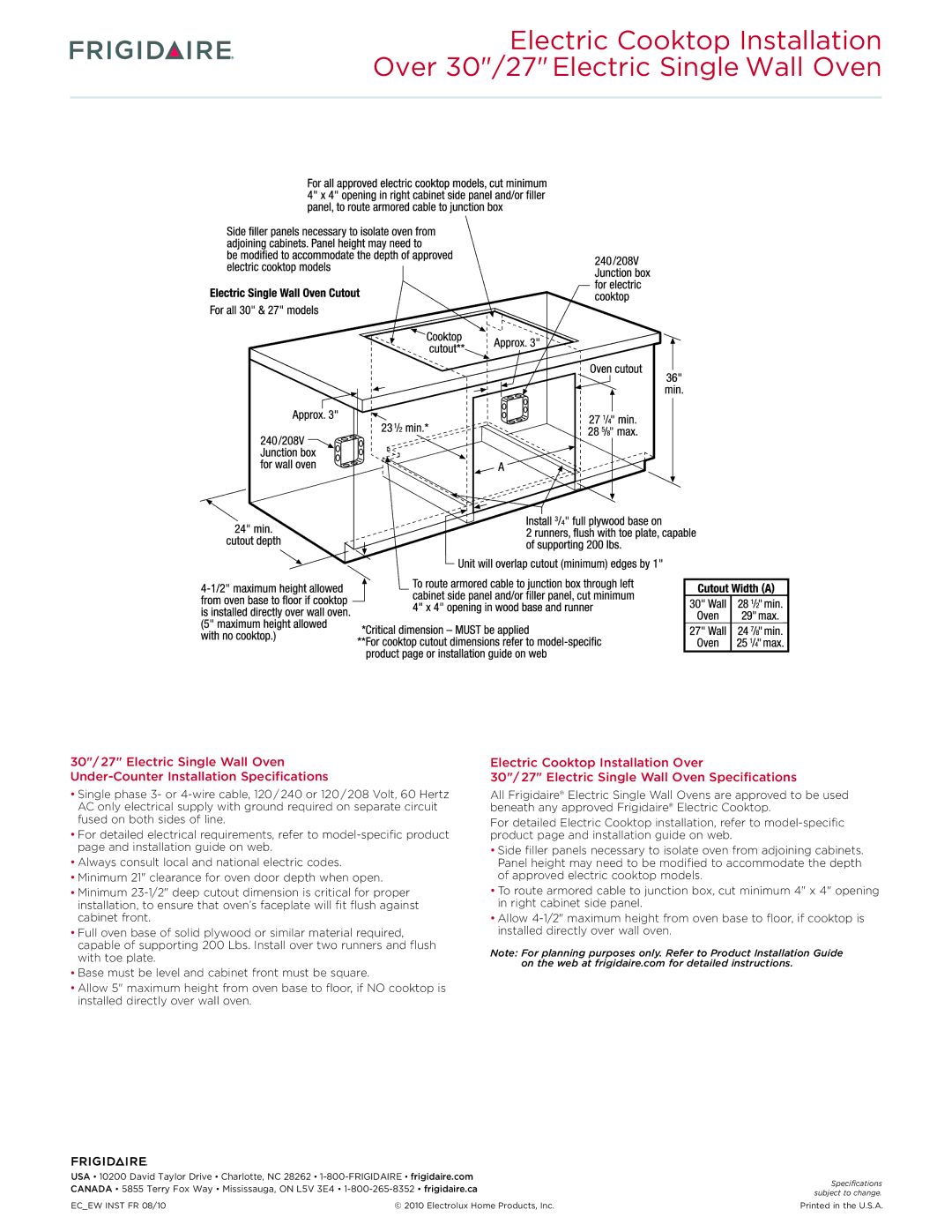 Frigidaire FFEC3625L dimensions Specifications subject to change 