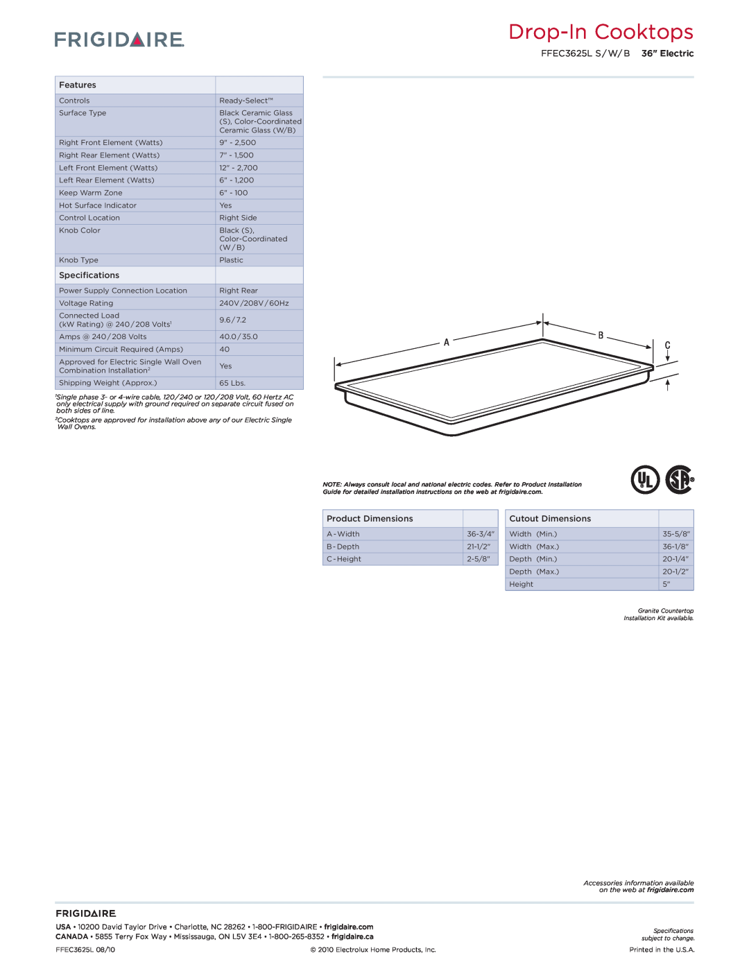 Frigidaire FFEC3625L dimensions Drop-InCooktops, Features, Specifications, Product Dimensions, Cutout Dimensions 