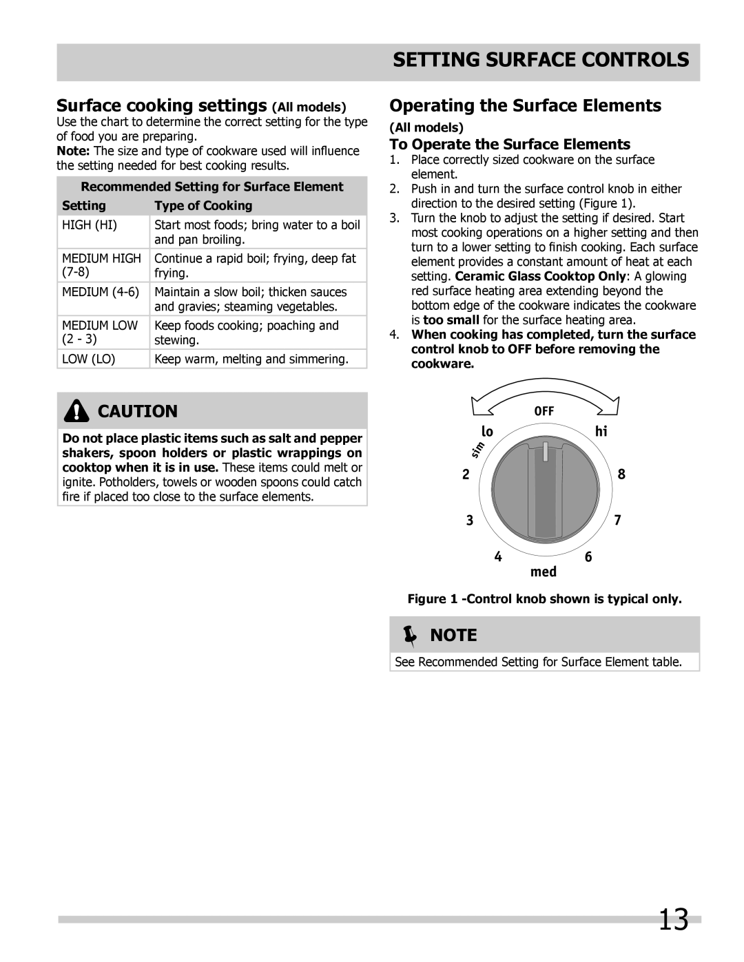 Frigidaire FFED3025LB manual Setting Surface Controls, Surface cooking settings All models, Operating the Surface Elements 