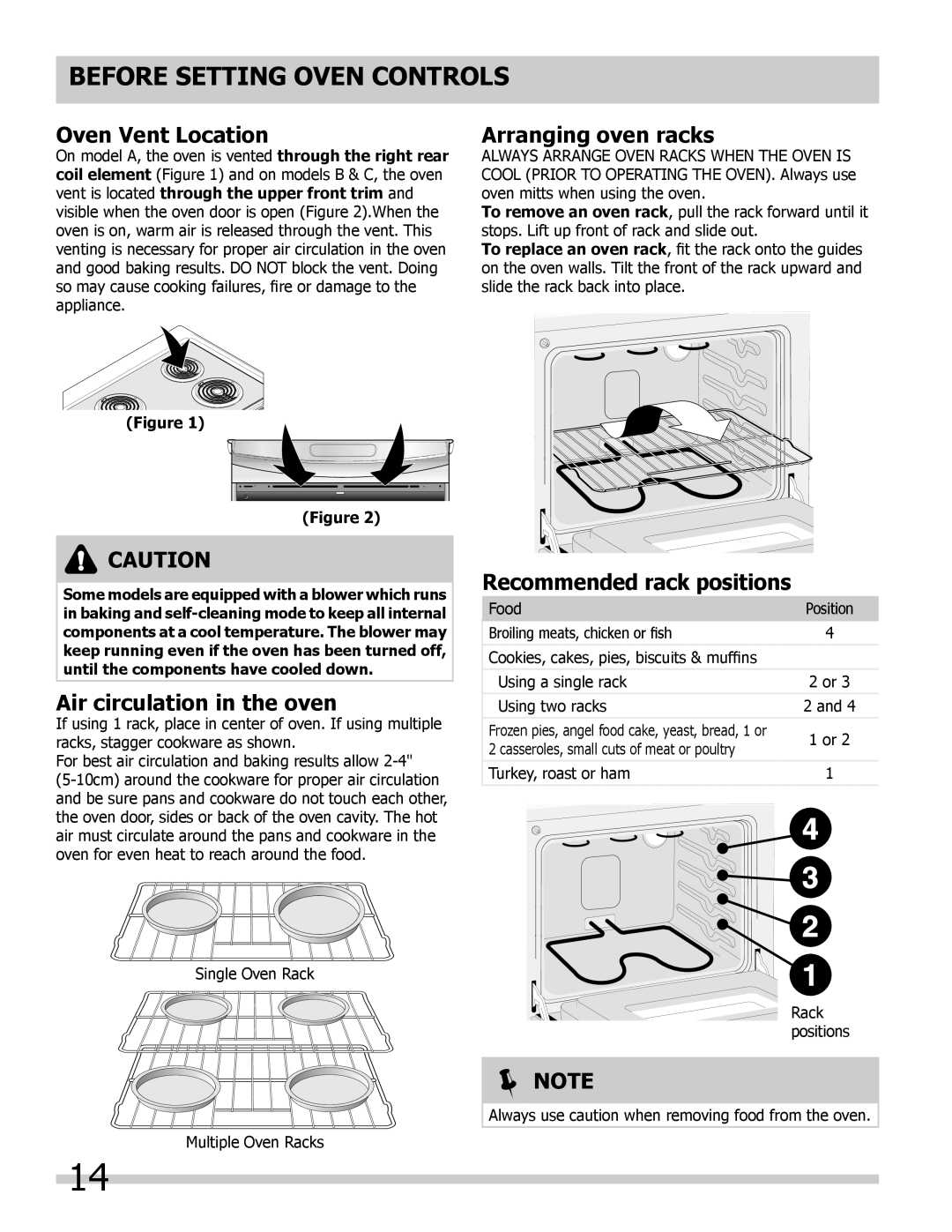 Frigidaire FFED3015LB Before Setting Oven Controls, Oven Vent Location, Arranging oven racks, Air circulation in the oven 