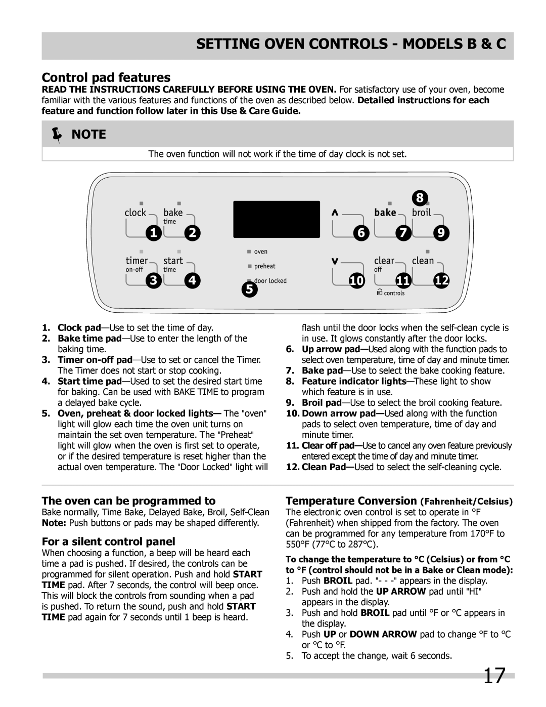 Frigidaire FFED3025LS manual Setting Oven Controls Models B & C, Oven can be programmed to, For a silent control panel 