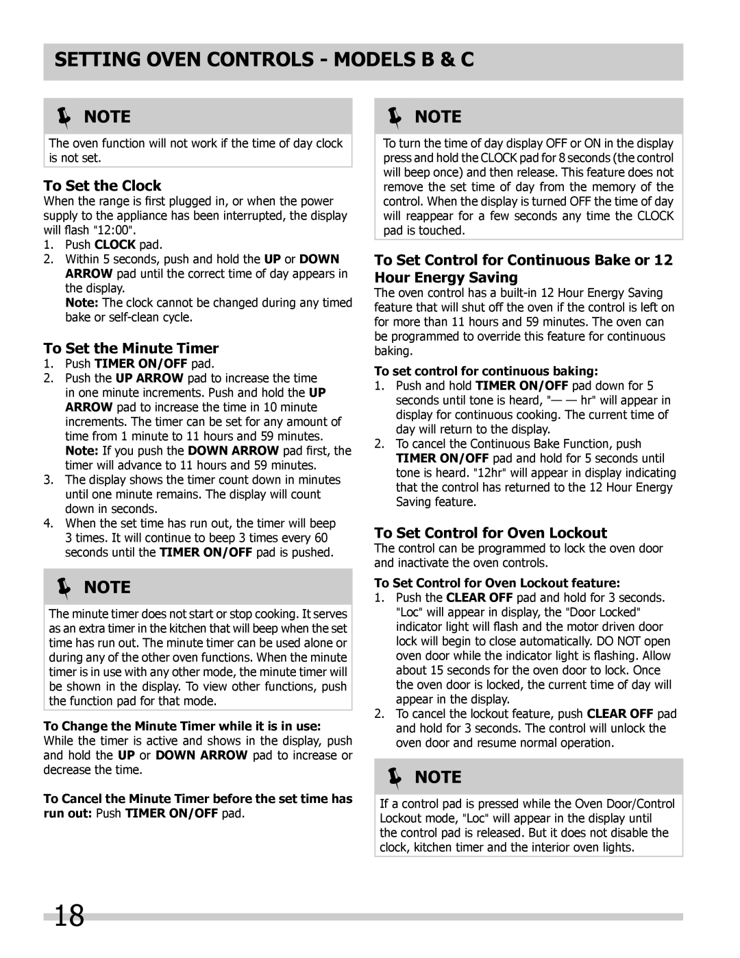 Frigidaire FFED3025LB manual To Set Control for Continuous Bake or 12 Hour Energy Saving, To Set Control for Oven Lockout 