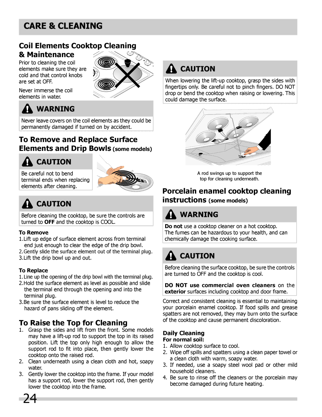 Frigidaire FFED3015LB manual Care & Cleaning, Coil Elements Cooktop Cleaning Maintenance, To Raise the Top for Cleaning 