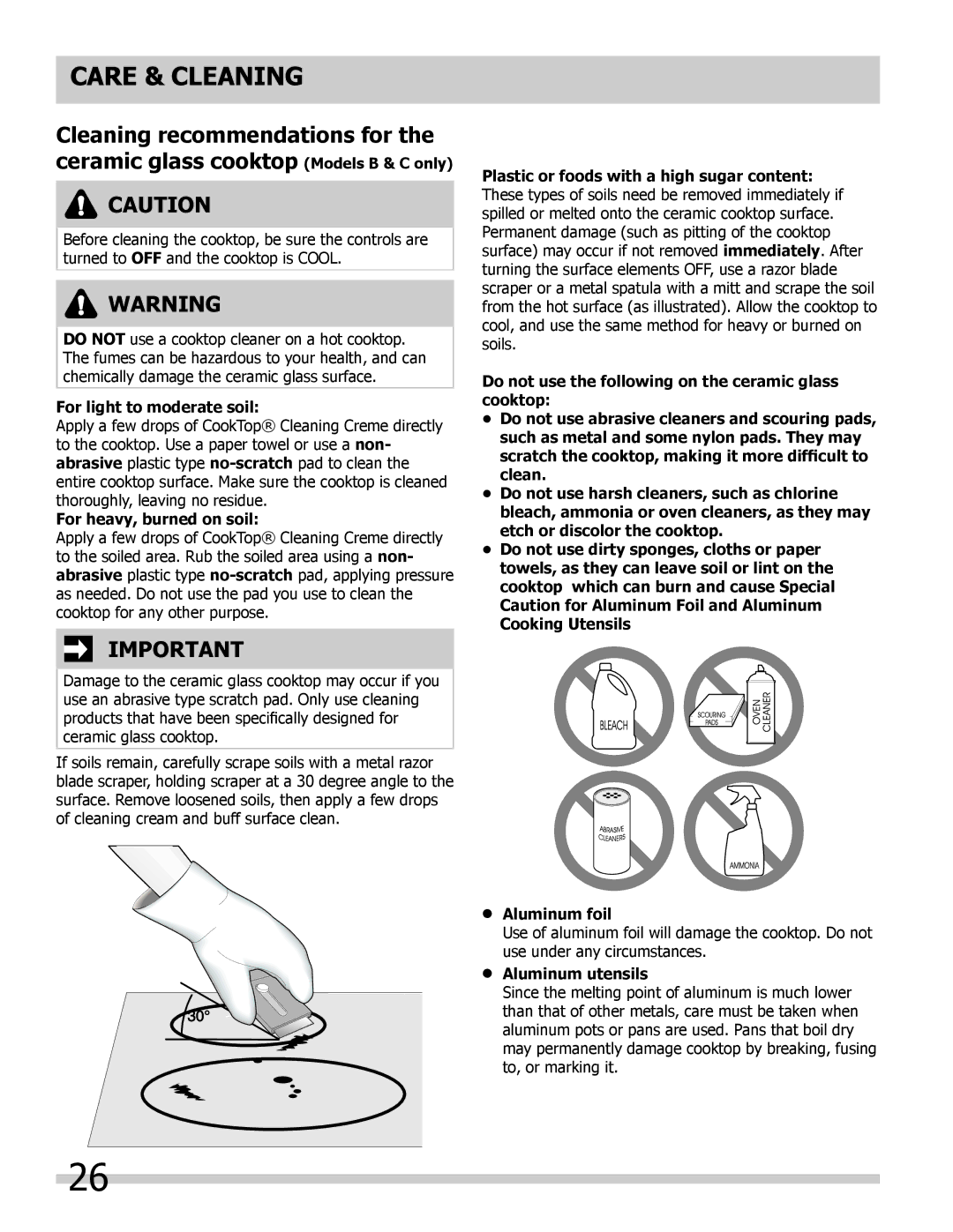 Frigidaire FFED3025LW, FFED3015LW, FFED3025LS manual For light to moderate soil, For heavy, burned on soil, Aluminum utensils 