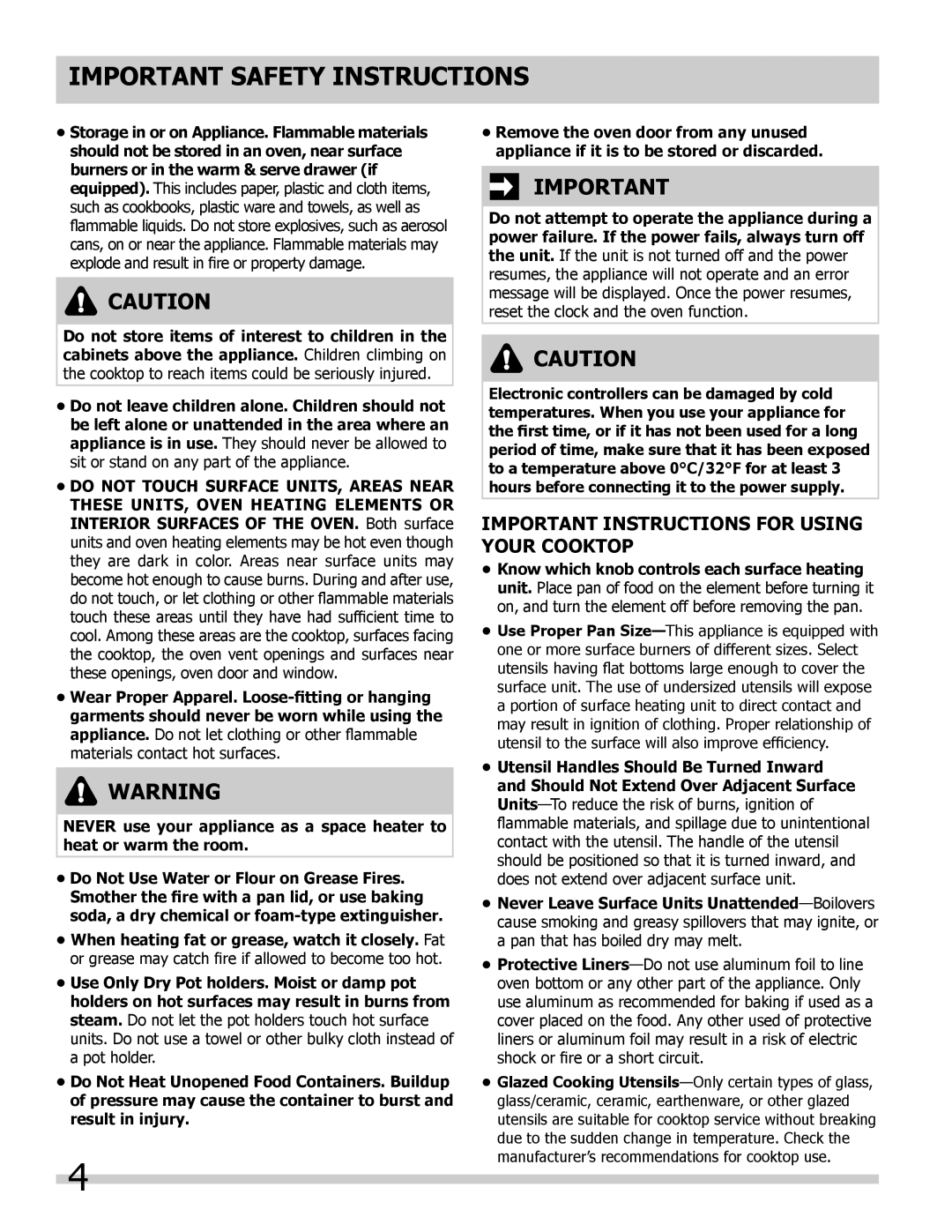 Frigidaire FFED3015LB, FFED3015LW Important Instructions for Using Your Cooktop, Do not Touch Surface UNITS, Areas Near 