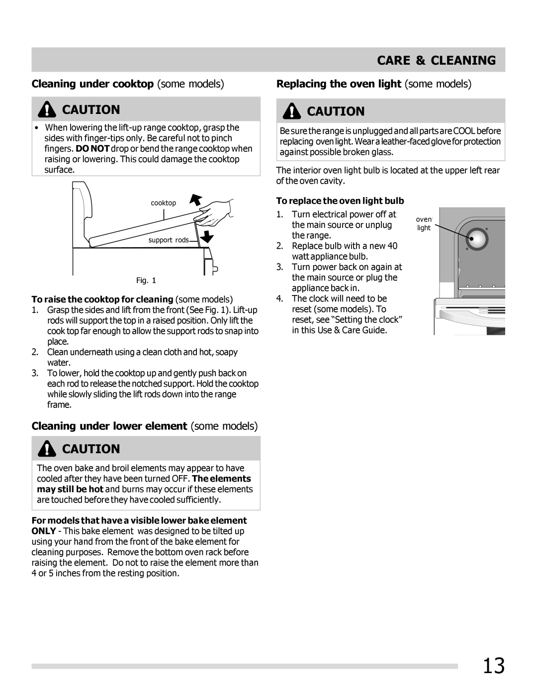 Frigidaire FFEF3010LB, FFEF3010LW Cleaning under cooktop some models, Replacing the oven light some models 