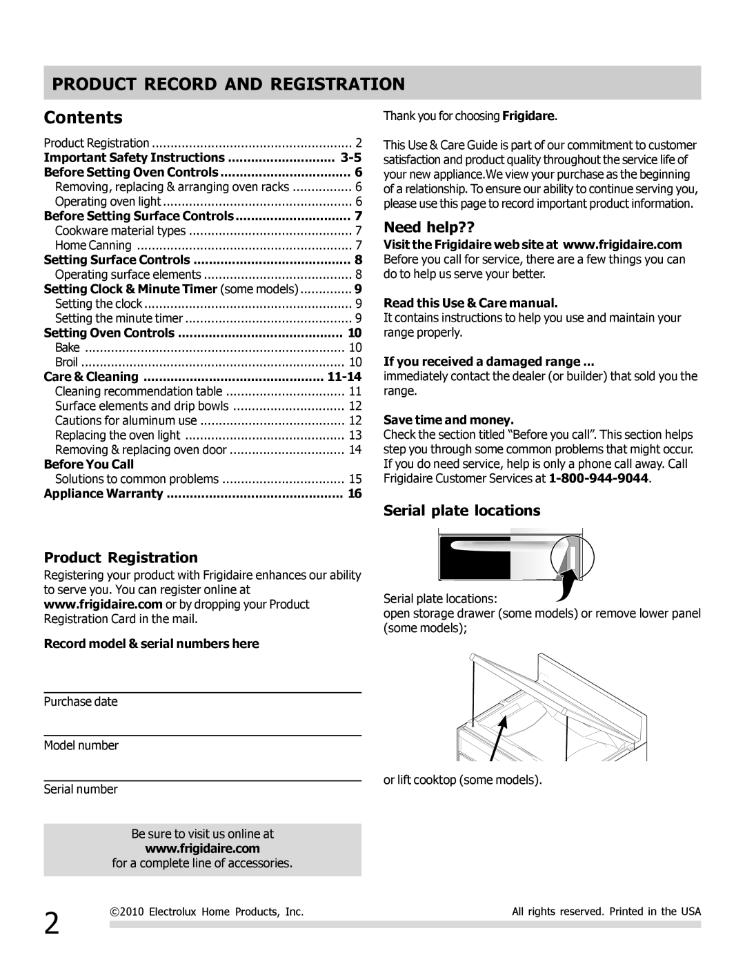 Frigidaire FFEF3010LW, FFEF3010LB important safety instructions Product Record and Registration, Contents 