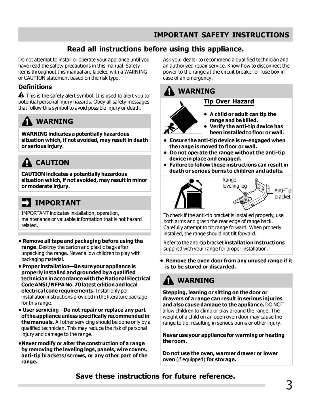 Frigidaire FFEF3010LB, FFEF3010LW important safety instructions Important Safety Instructions, Definitions, Tip Over Hazard 