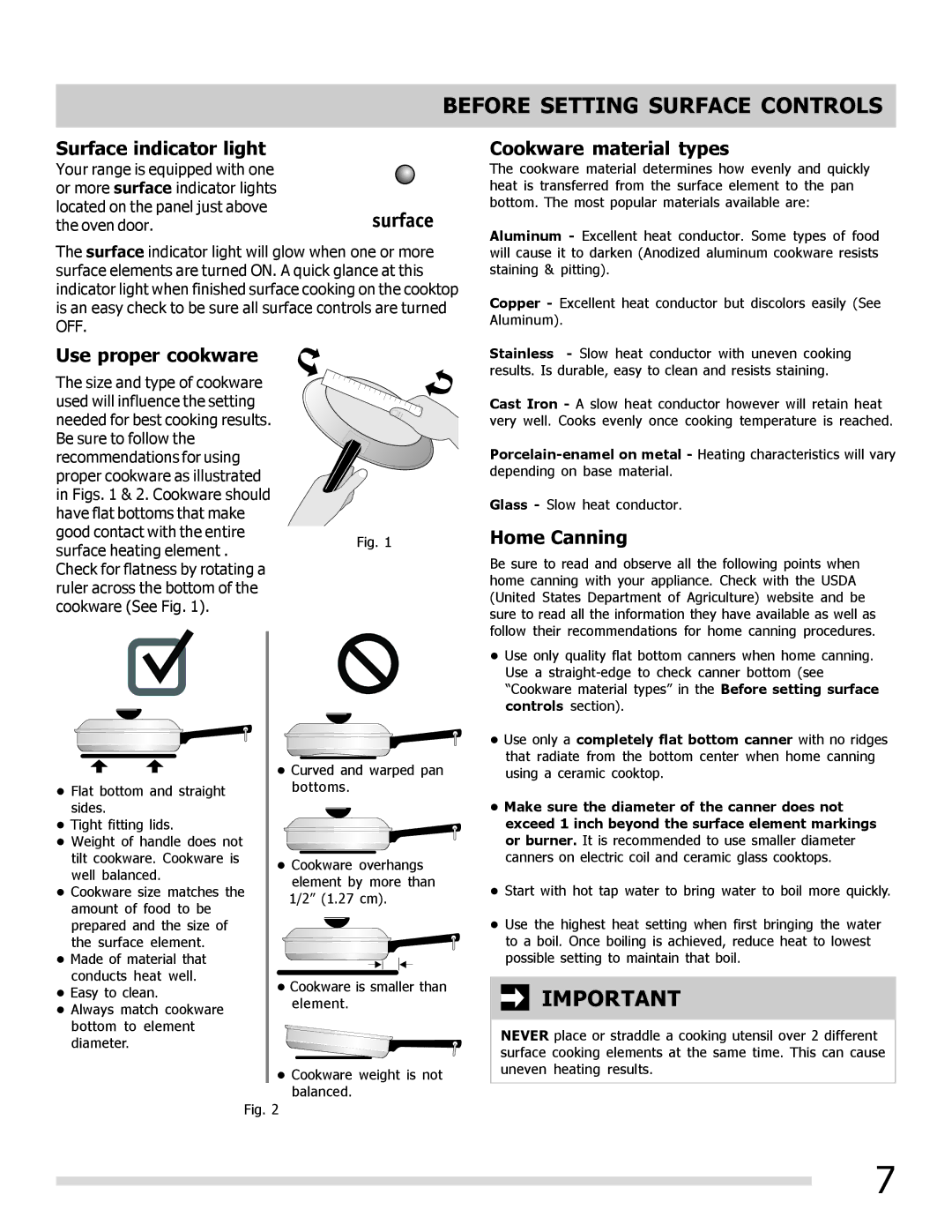 Frigidaire FFEF3010LB Before Setting Surface Controls, Surface indicator light, Cookware material types, Home Canning 