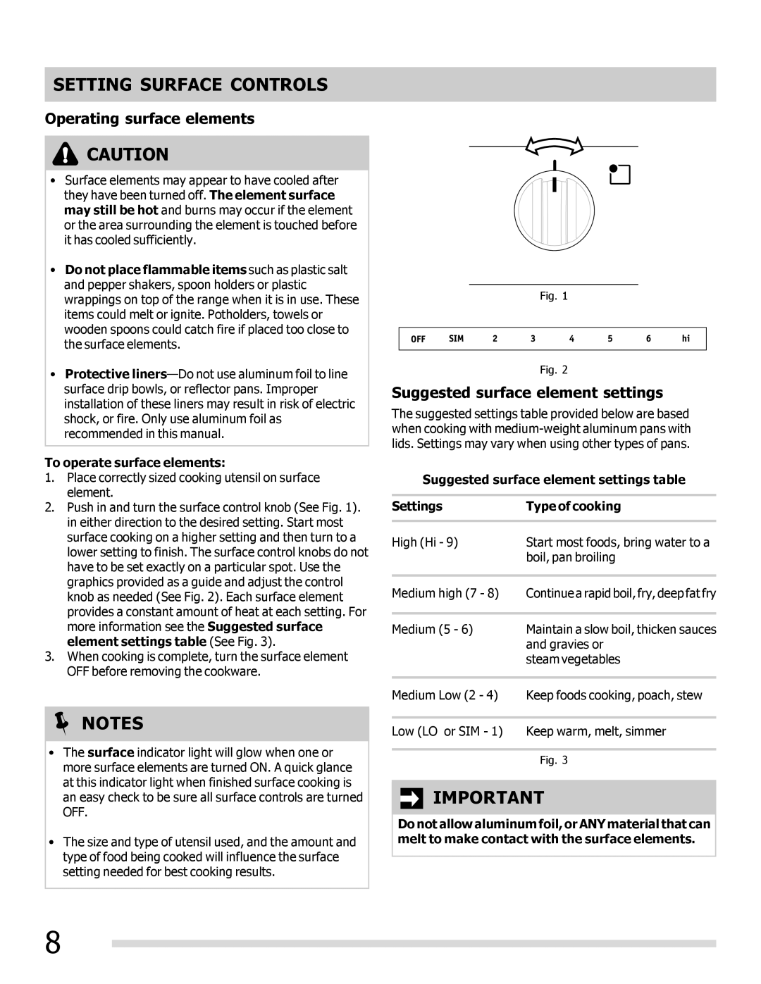 Frigidaire FFEF3010LW, FFEF3010LB Setting Surface Controls, Operating surface elements, Suggested surface element settings 