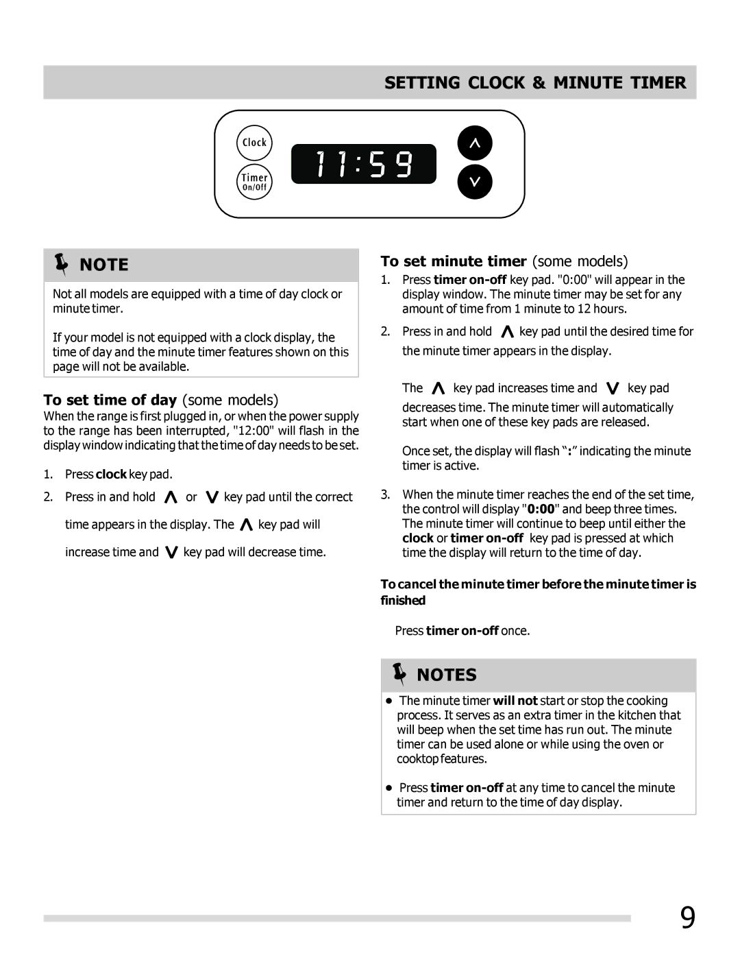 Frigidaire FFEF3010LB Setting Clock & Minute Timer, To set time of day some models, To set minute timer some models 