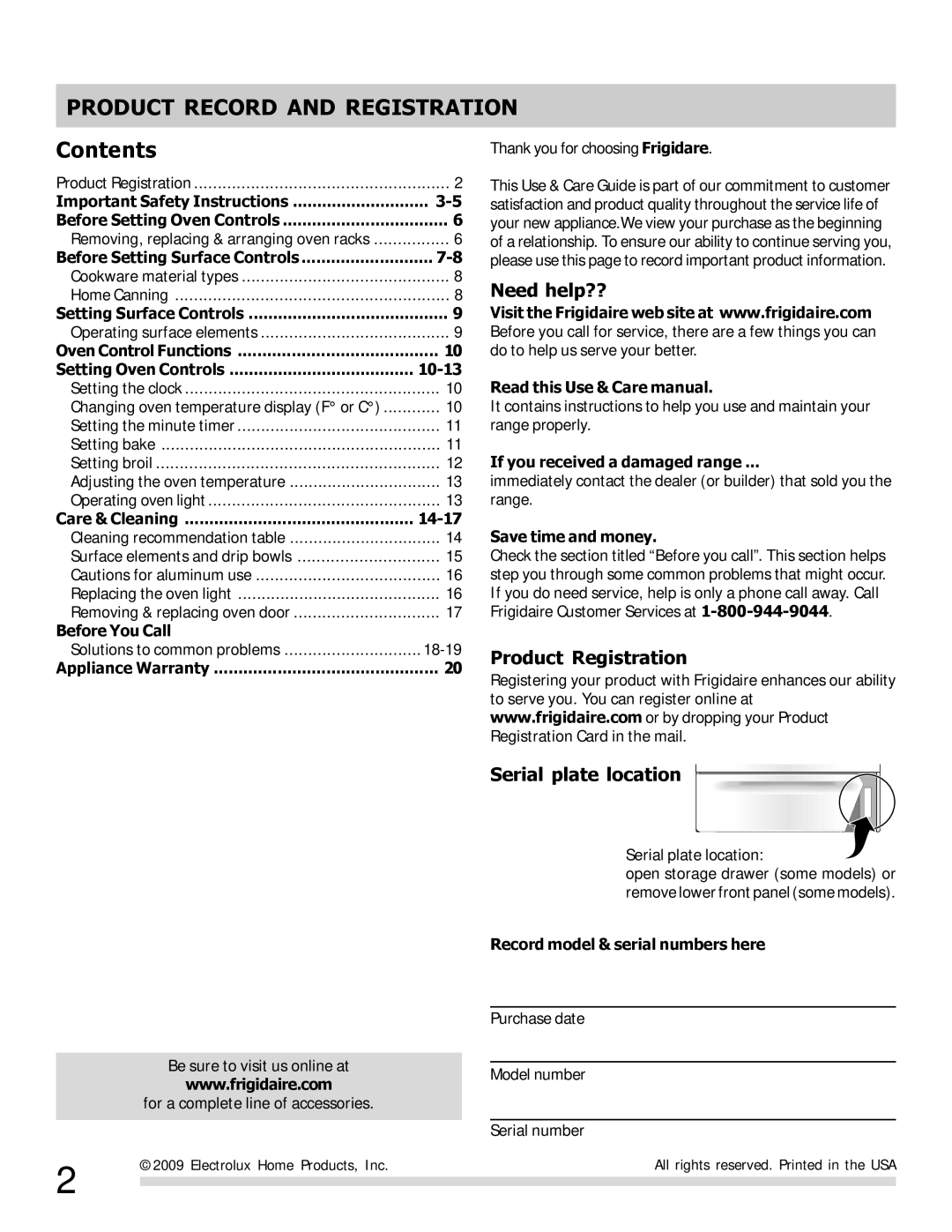 Frigidaire FFEF3011LB, FFEF3011LW, 316902210 important safety instructions Product Record and Registration, Contents 