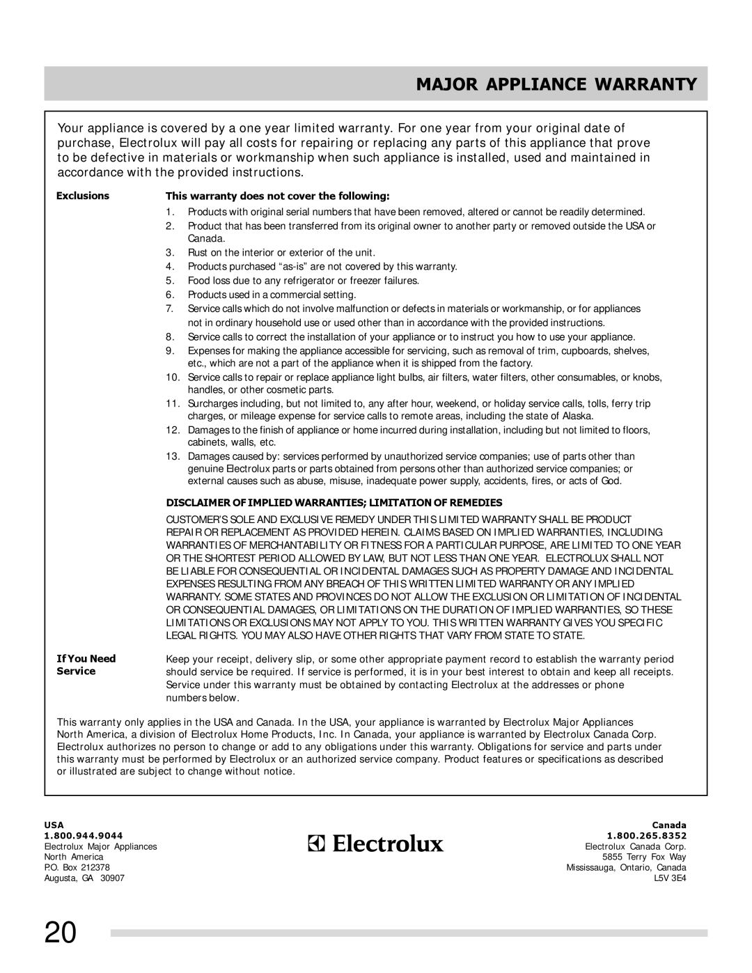 Frigidaire FFEF3011LB, FFEF3011LW Major Appliance Warranty, Exclusions This warranty does not cover the following 