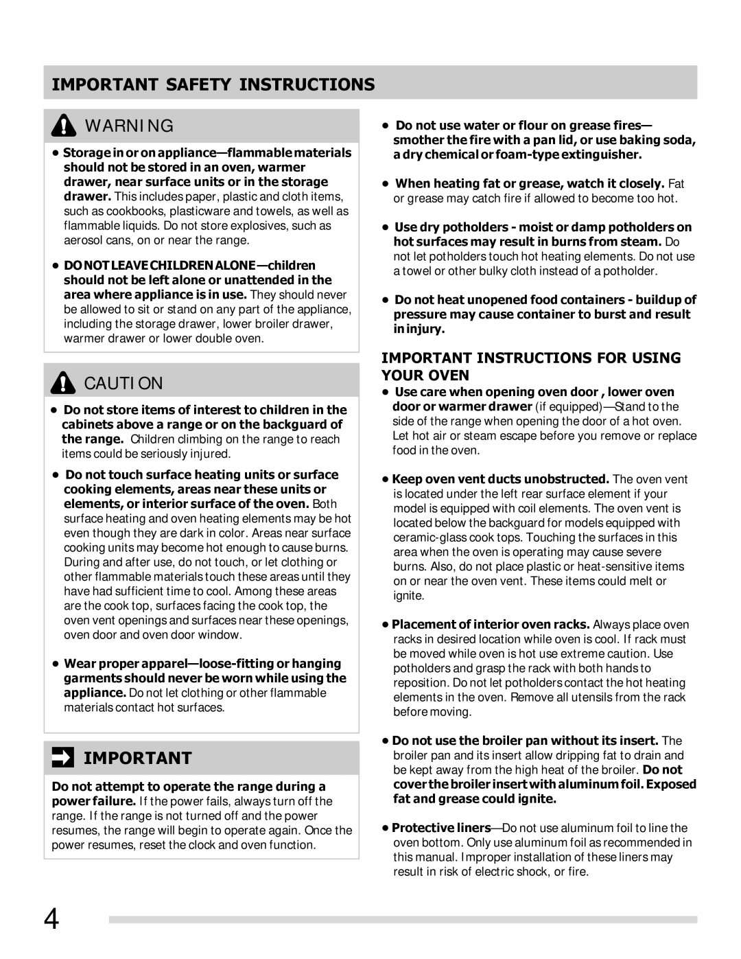 Frigidaire 316902210, FFEF3011LW, FFEF3011LB important safety instructions Important Instructions for Using Your Oven 