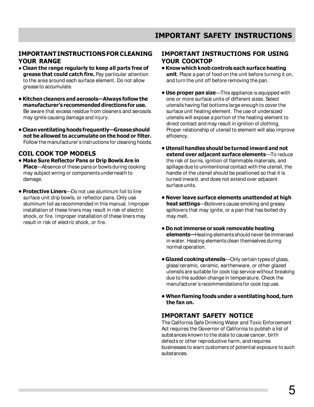 Frigidaire FFEF3011LB, FFEF3011LW, 316902210 important safety instructions Important Instructions for Cleaning Your Range 