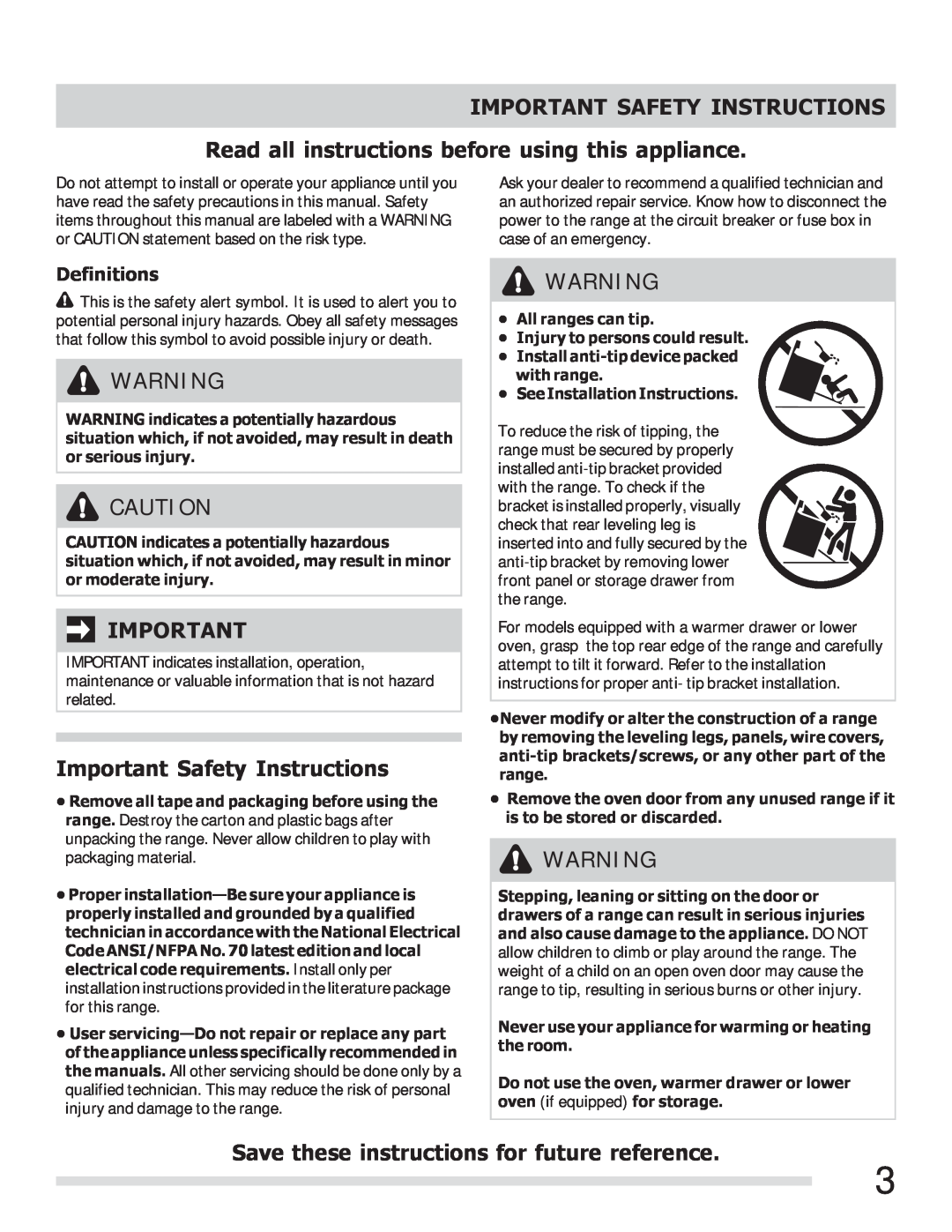 Frigidaire FFEF3011LW Important Safety Instructions, Read all instructions before using this appliance, Definitions 