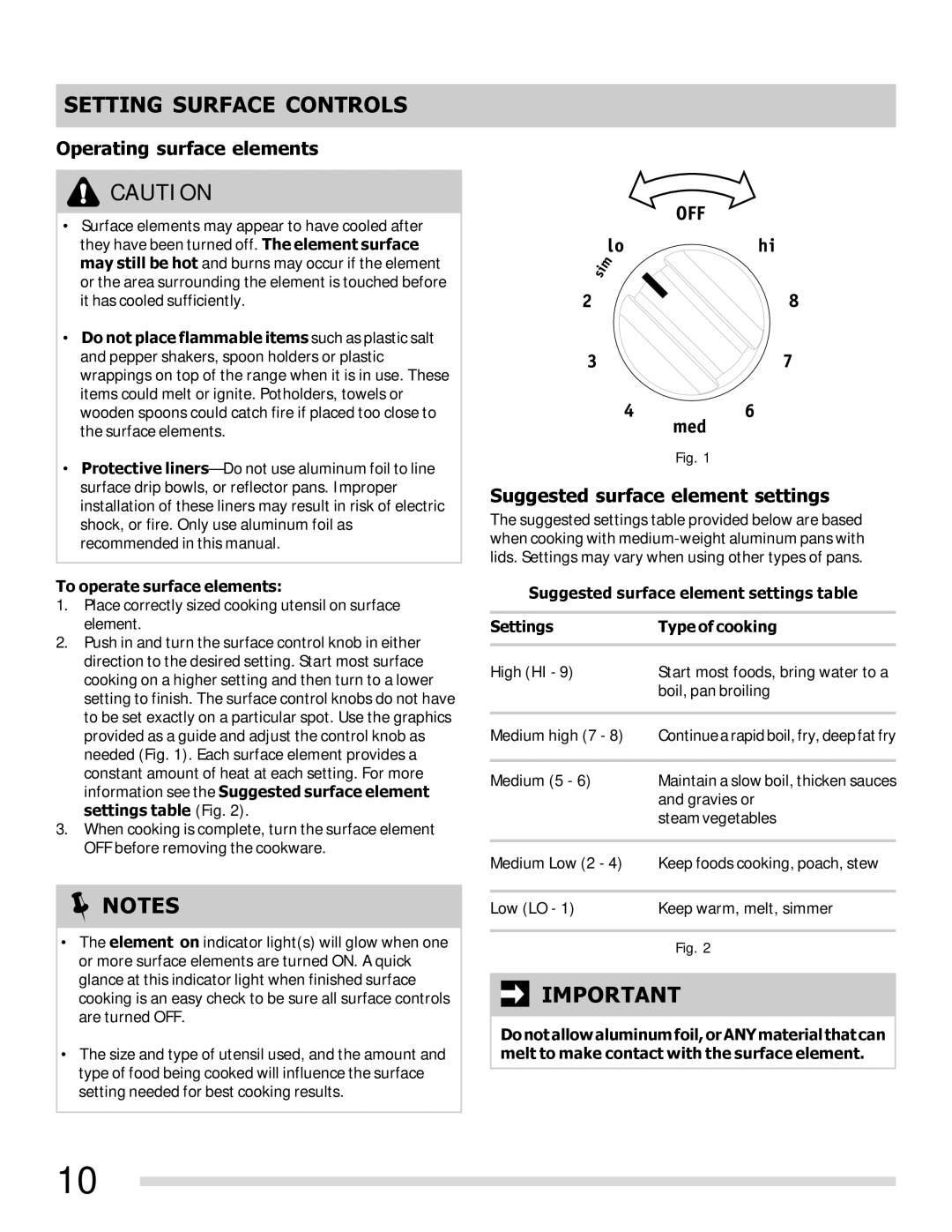 Frigidaire FFEF3015LM, FFEF3015LS Setting Surface Controls, Operating surface elements, Suggested surface element settings 