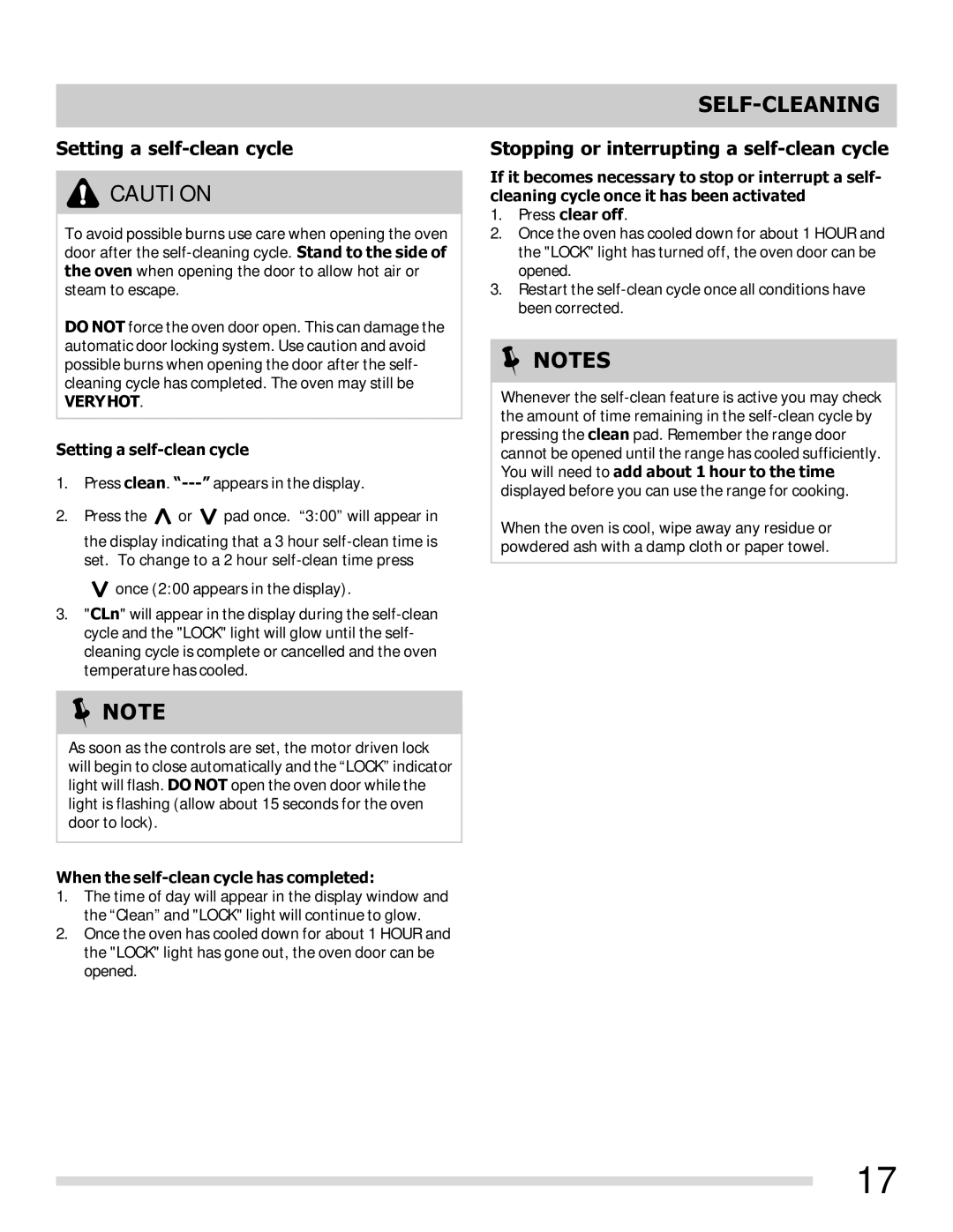 Frigidaire FFEF3015PB, FFEF3015LS, FFEF3015LB Setting a self-clean cycle, Stopping or interrupting a self-clean cycle 
