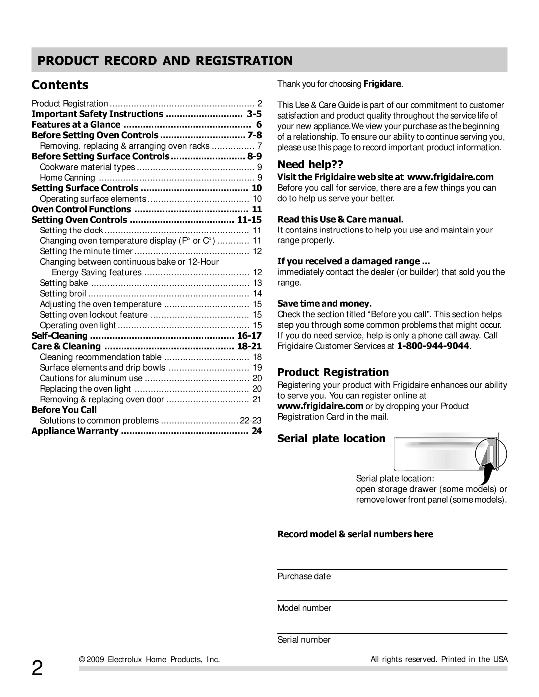 Frigidaire FFEF3015LW, FFEF3015LS, FFEF3015LB, FFEF3015PW, FFEF3015LM, FFEF3015PB Product Record and Registration, Contents 