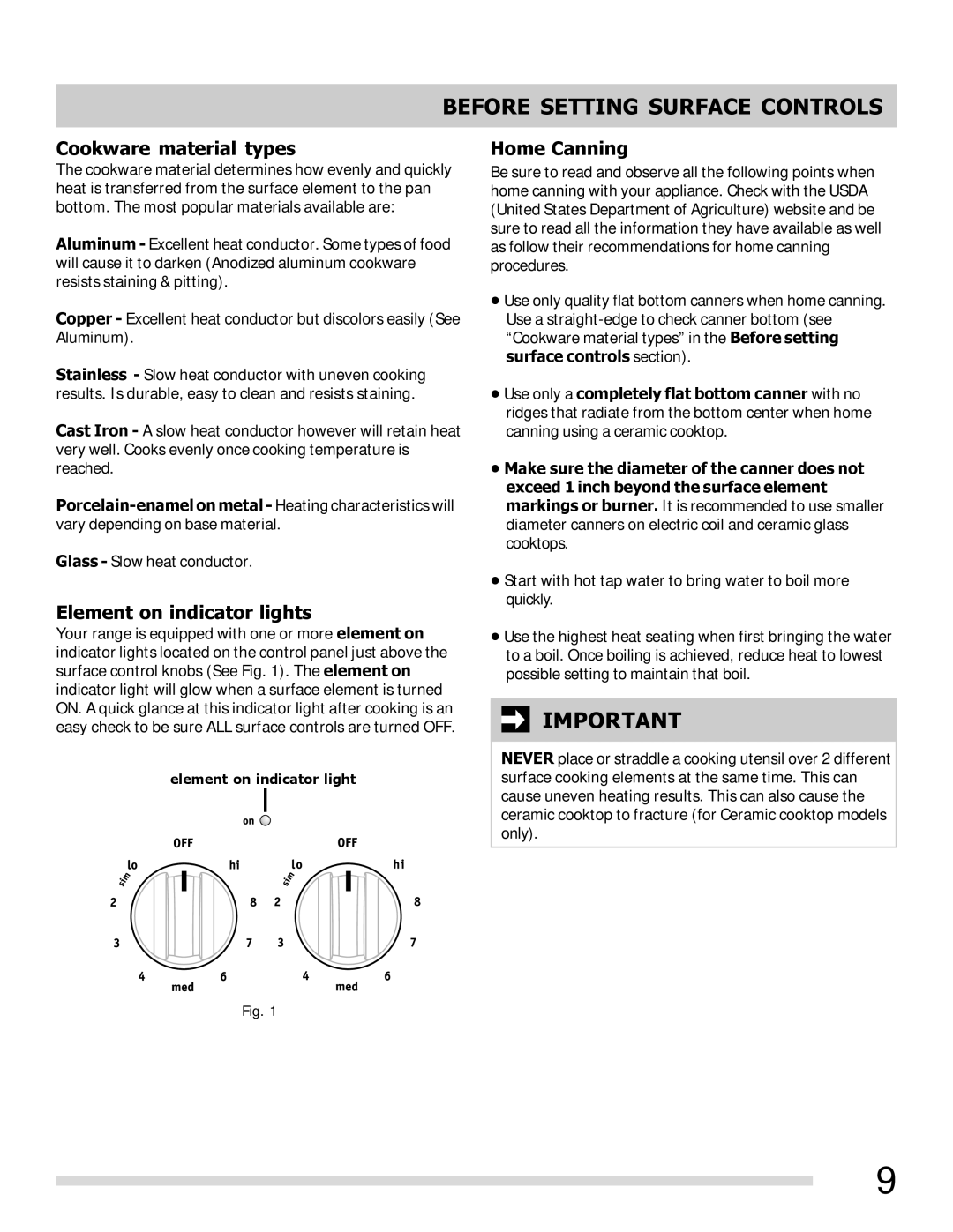 Frigidaire FFEF3015PW, FFEF3015LS, FFEF3015LB, FFEF3015LW Cookware material types, Element on indicator lights, Home Canning 