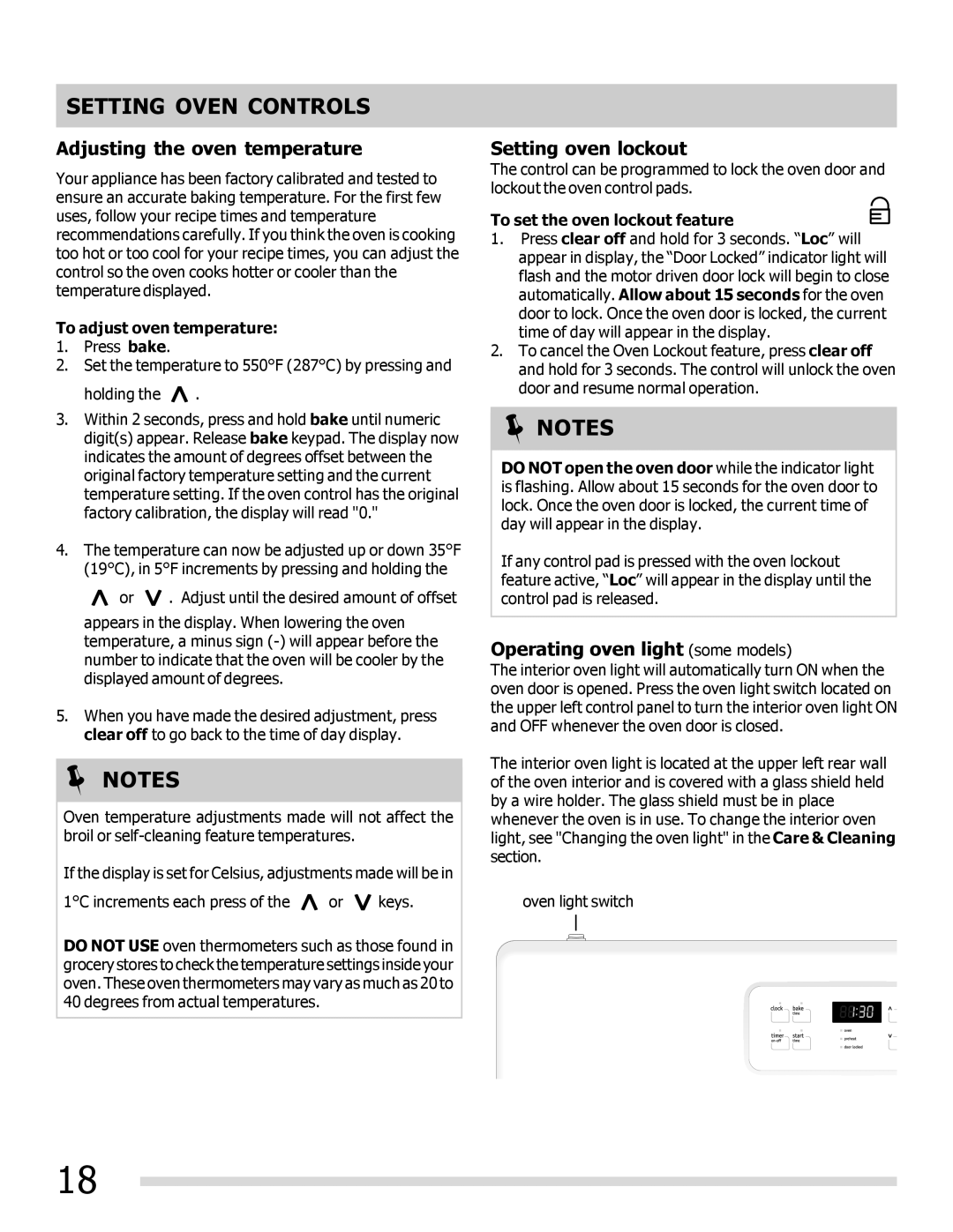Frigidaire FFEF3018LW, FFEF3017LB Adjusting the oven temperature, Setting oven lockout, Operating oven light some models 