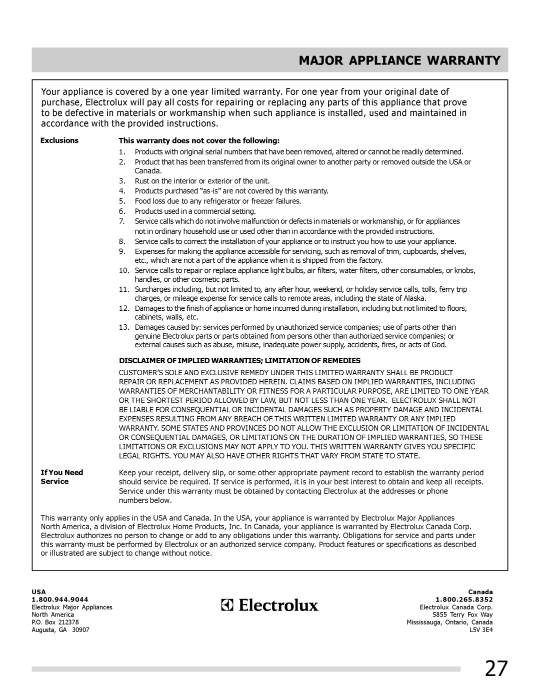 Frigidaire FFEF3018LQ, FFEF3017LB manual Major Appliance Warranty, Exclusions This warranty does not cover the following 