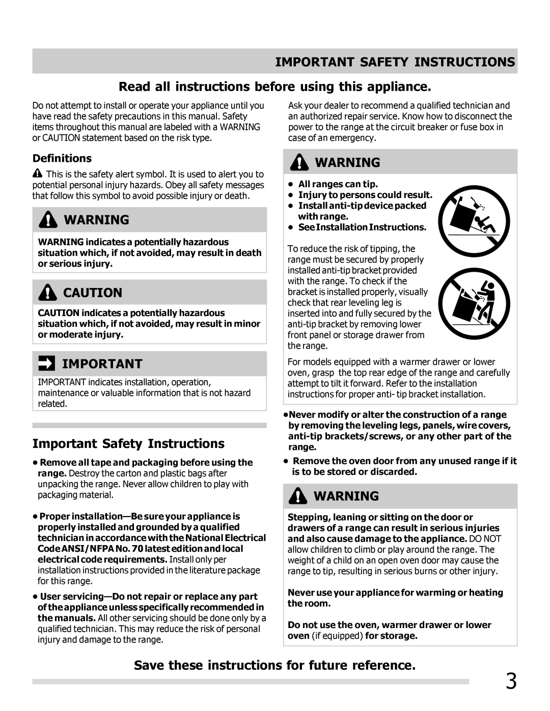 Frigidaire FFEF3018LQ, FFEF3017LB, FFEF3017LS, FFEF3018LW, FFEF3017LW, FFEF3048LS Important Safety Instructions, Definitions 