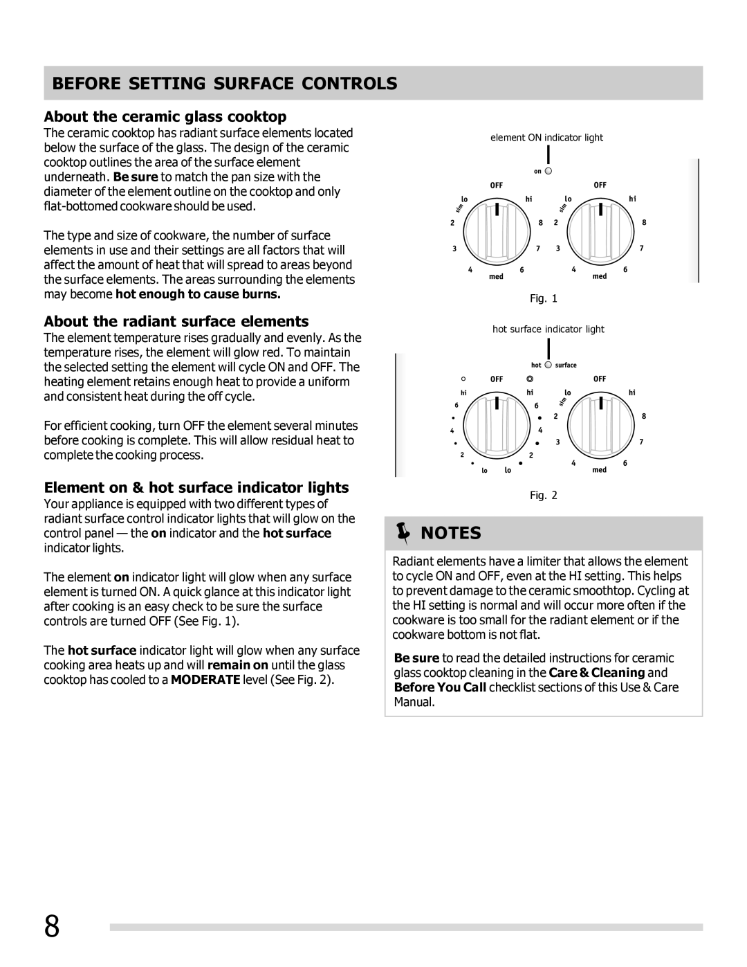 Frigidaire FFEF3017LB Before Setting Surface Controls, About the ceramic glass cooktop, About the radiant surface elements 