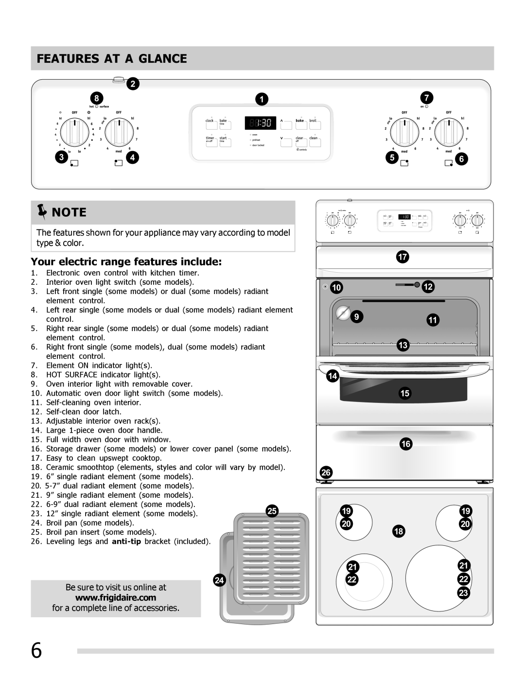 Frigidaire FFEF3018LB, FFEF3017LB, FFEF3017LS, FFEF3018LW manual Features At A Glance, Your electric range features include 