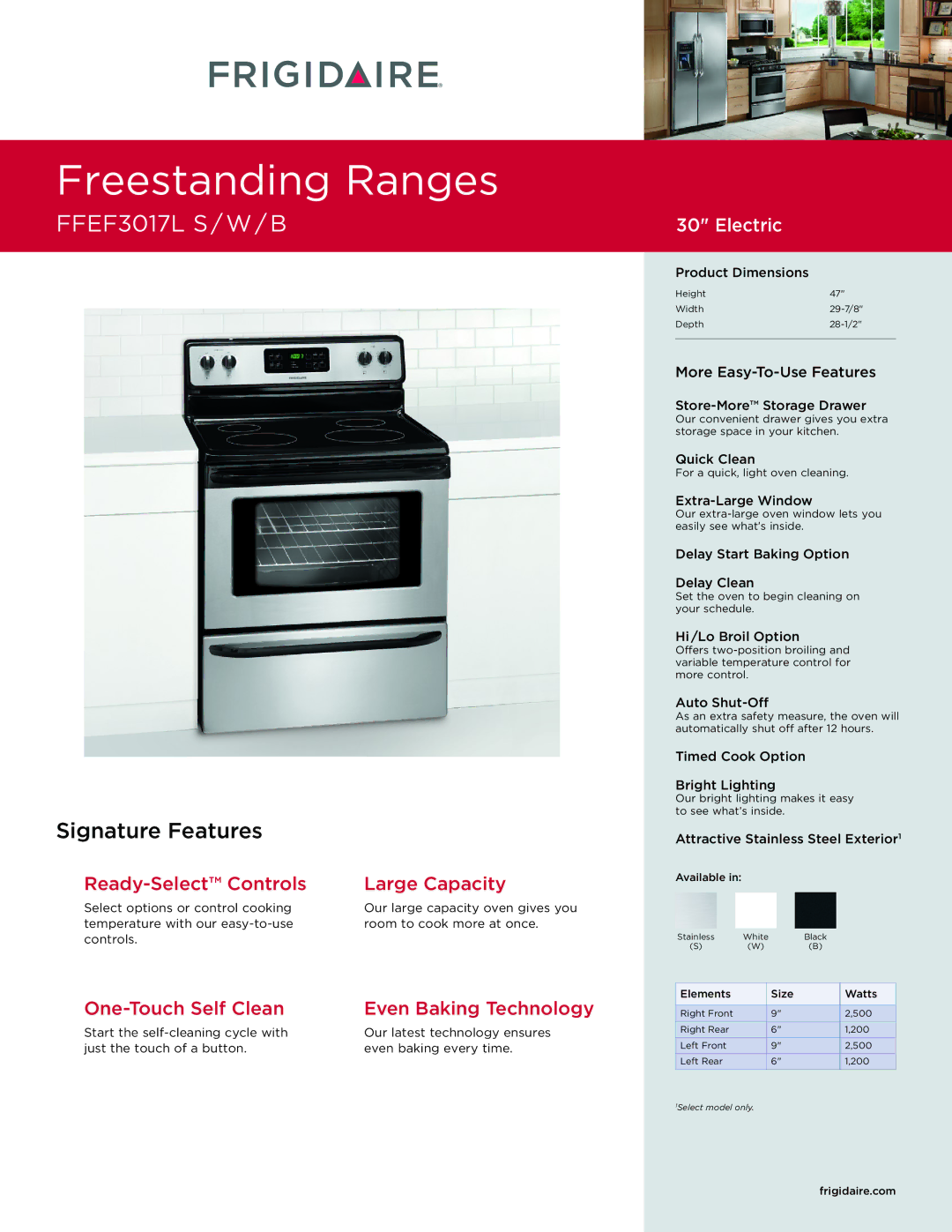 Frigidaire FFEF3017LS dimensions Ready-Select Controls Large Capacity, One-Touch Self Clean Even Baking Technology 