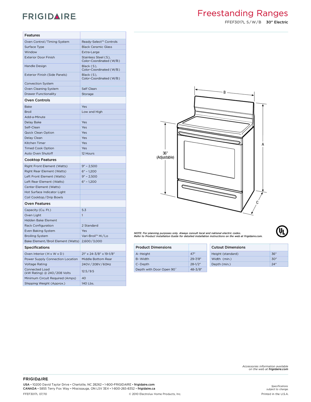 Frigidaire FFEF3017LS dimensions Adjustable 