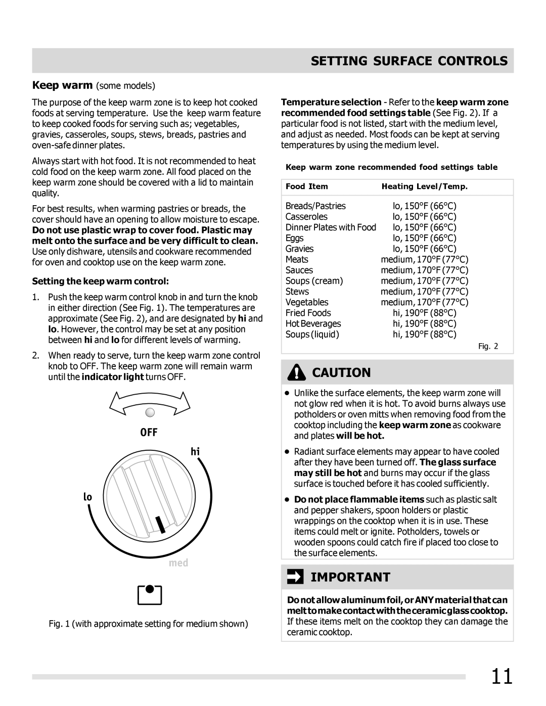 Frigidaire FFEF3019MW, FFEF3019MB, FFEF3019MS important safety instructions With approximate setting for medium shown 