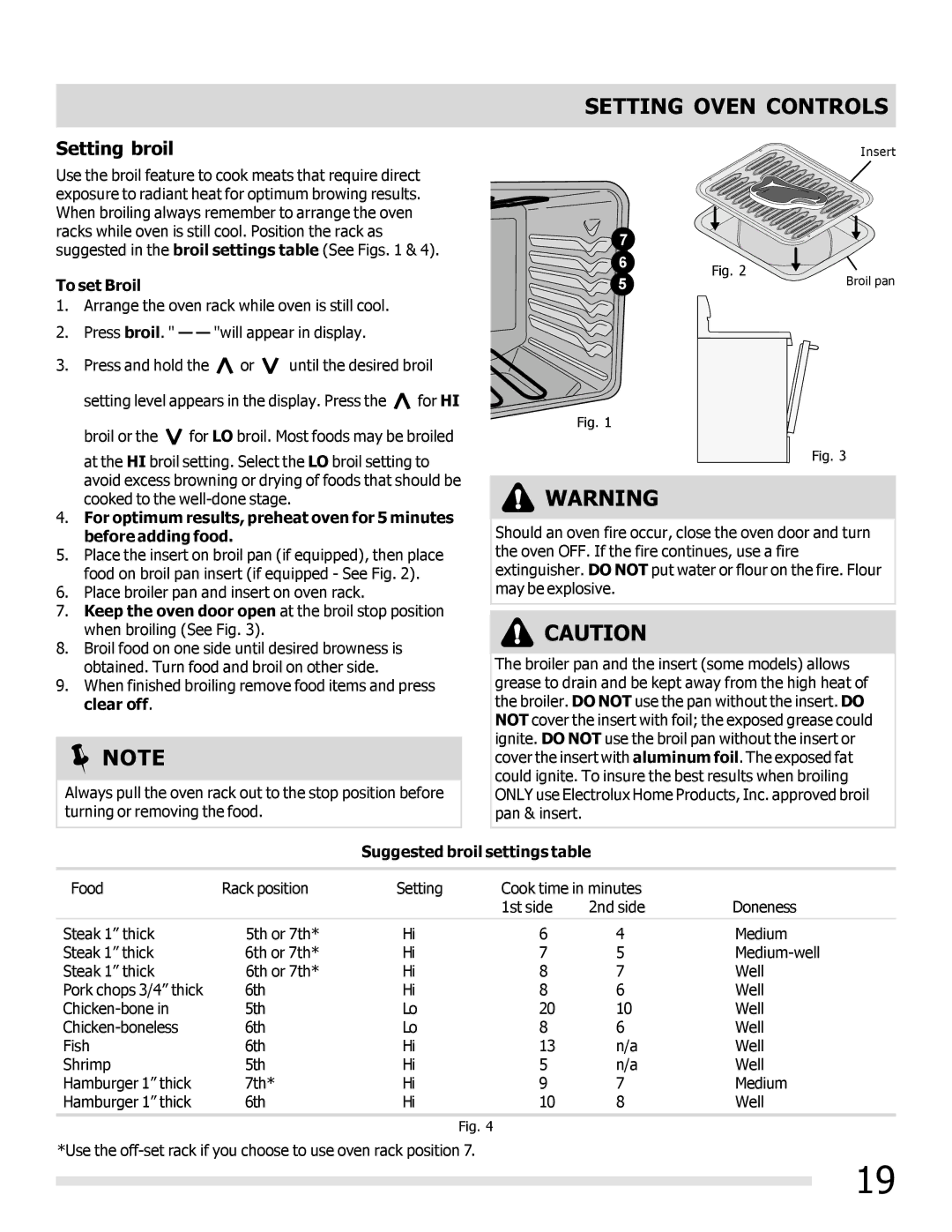 Frigidaire FFEF3019MS, FFEF3019MB, FFEF3019MW Setting broil, To set Broil, Suggested broil settings table 