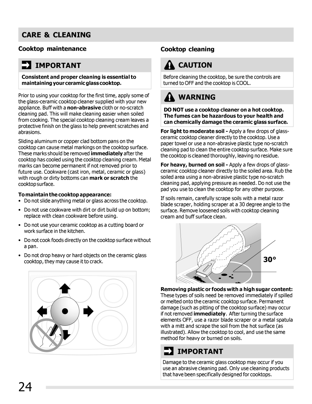 Frigidaire FFEF3019MB, FFEF3019MS, FFEF3019MW Cooktop maintenance, Cooktop cleaning, To maintain the cooktop appearance 