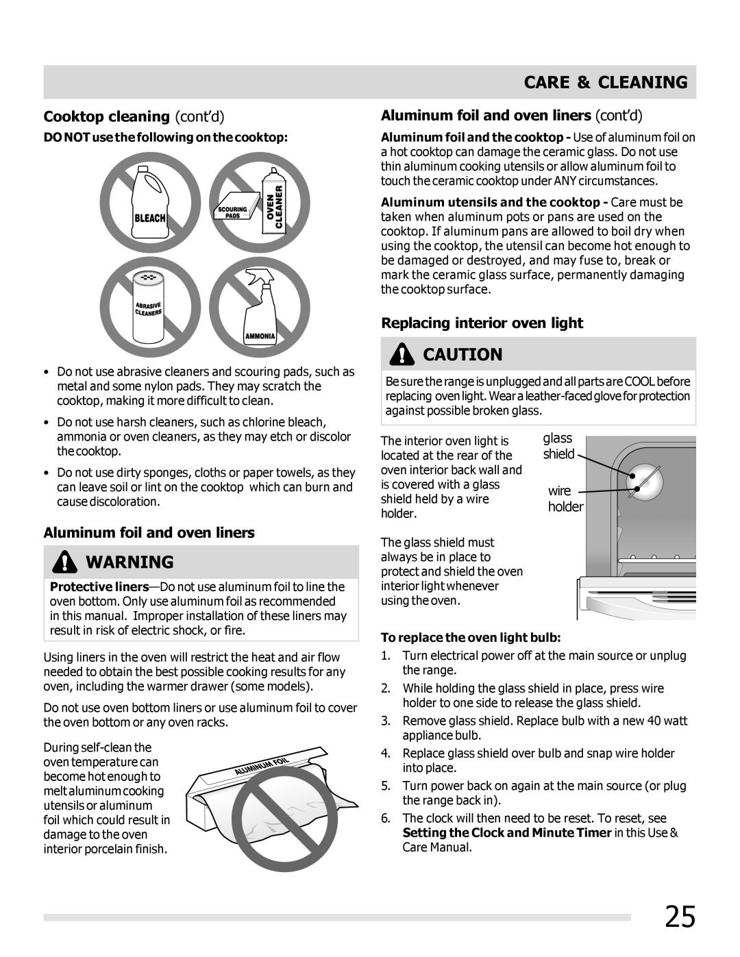 Frigidaire FFEF3019MS Cooktop cleaning cont’d, Aluminum foil and oven liners cont’d, Replacing interior oven light 