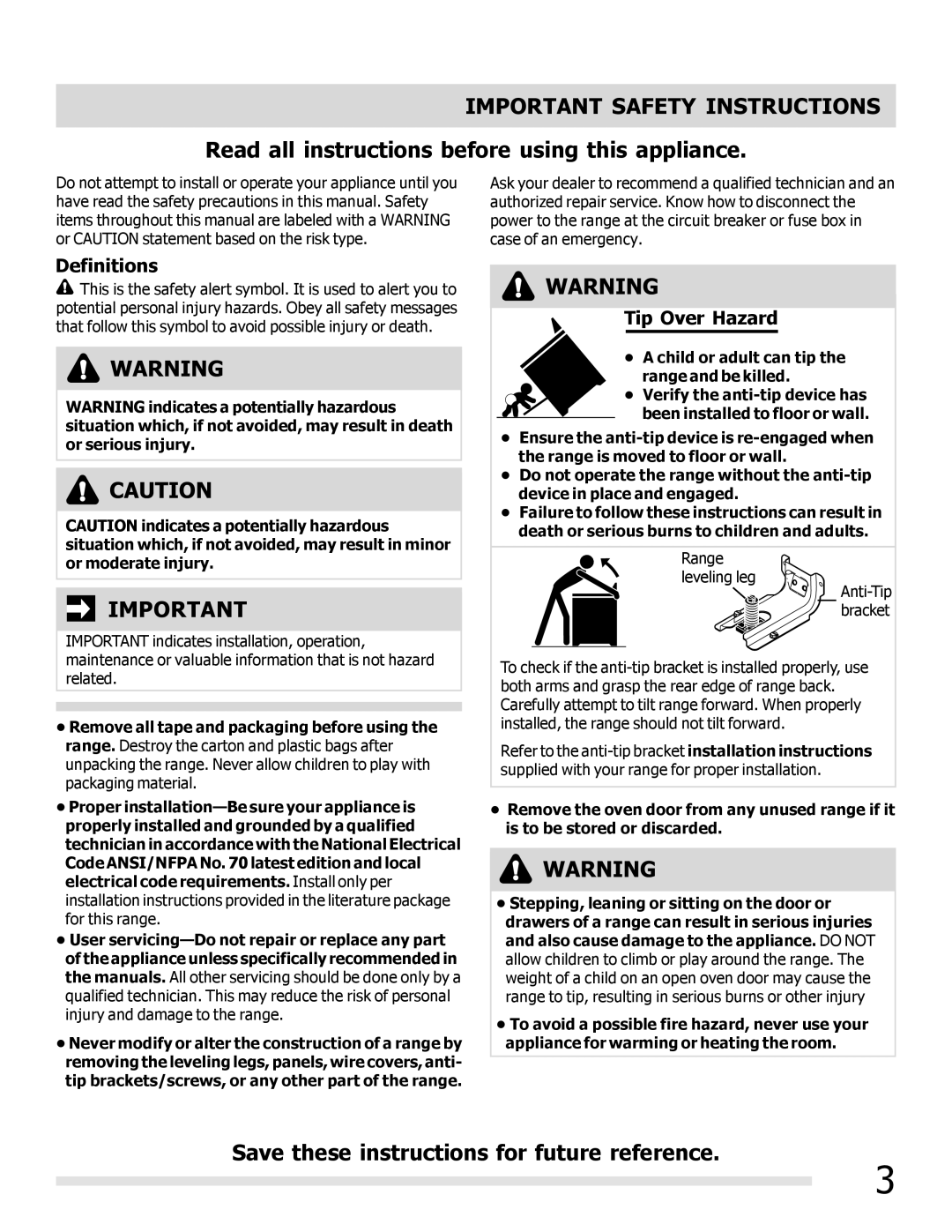 Frigidaire FFEF3019MB, FFEF3019MS, FFEF3019MW Important Safety Instructions, Definitions, Tip Over Hazard 