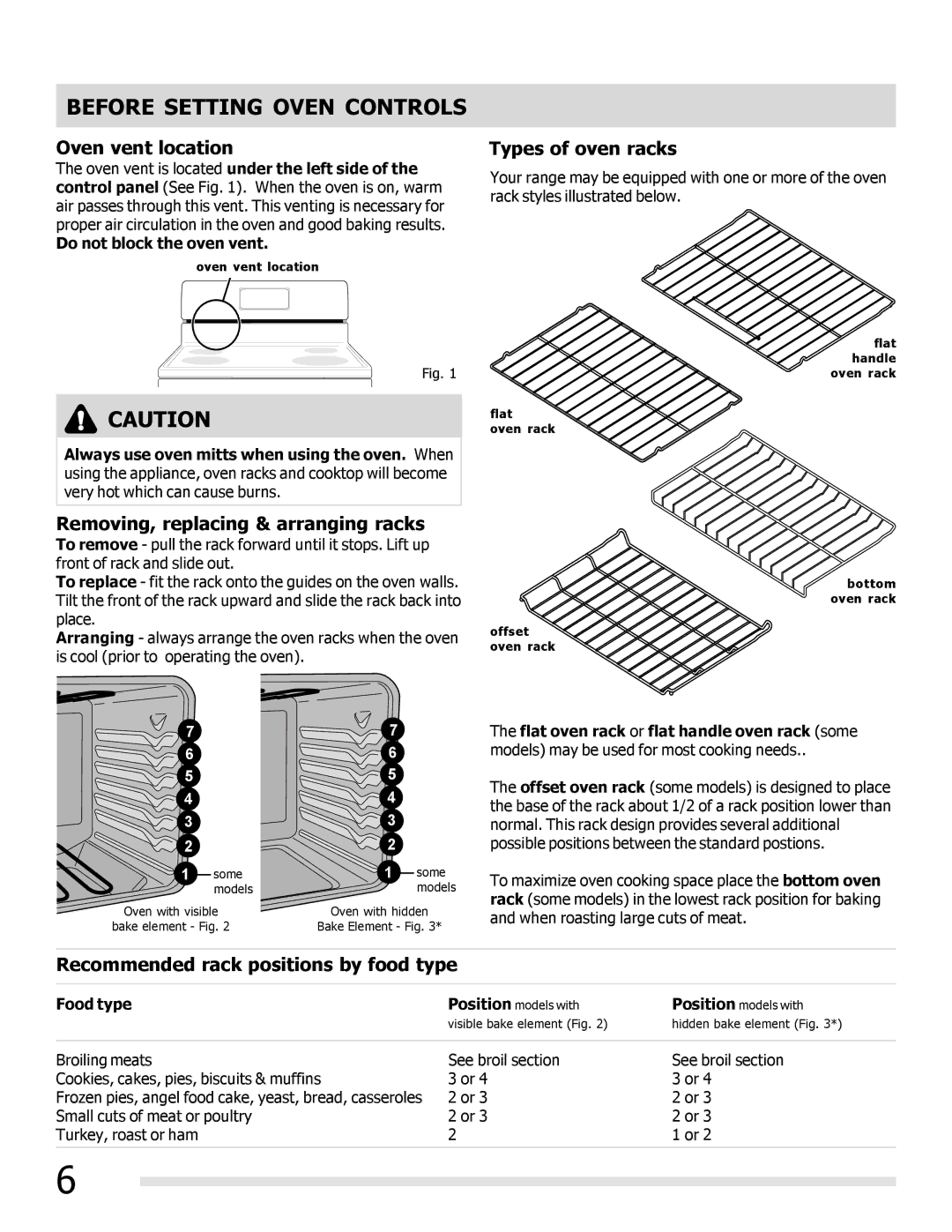 Frigidaire FFEF3019MB, FFEF3019MS Before Setting Oven Controls, Oven vent location, Removing, replacing & arranging racks 