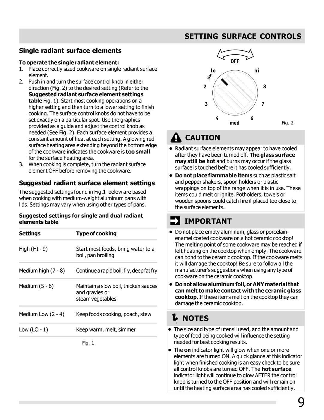 Frigidaire FFEF3019MB Setting Surface Controls, Single radiant surface elements, To operate the single radiant element 