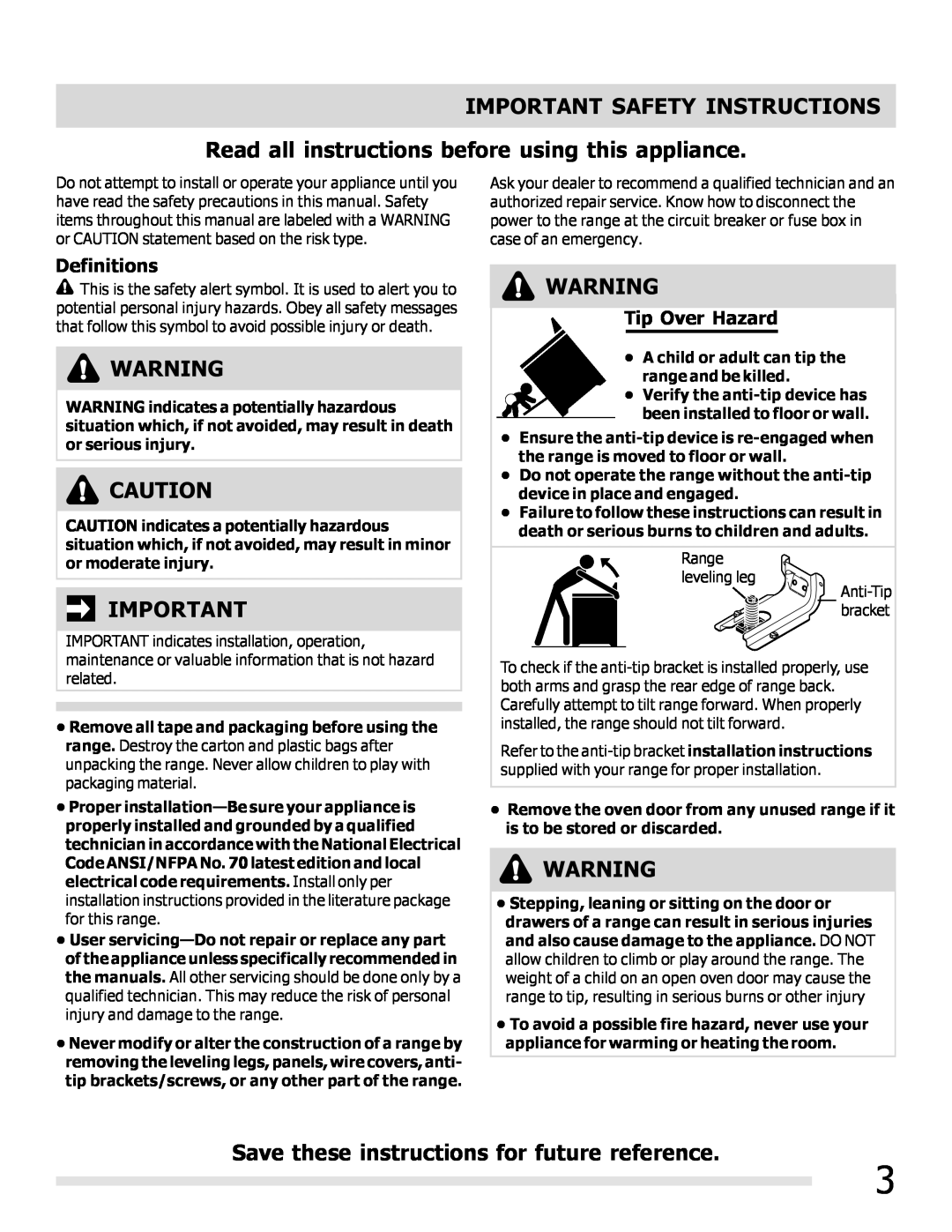 Frigidaire FFEF3019MB Important Safety Instructions, Read all instructions before using this appliance, Definitions 